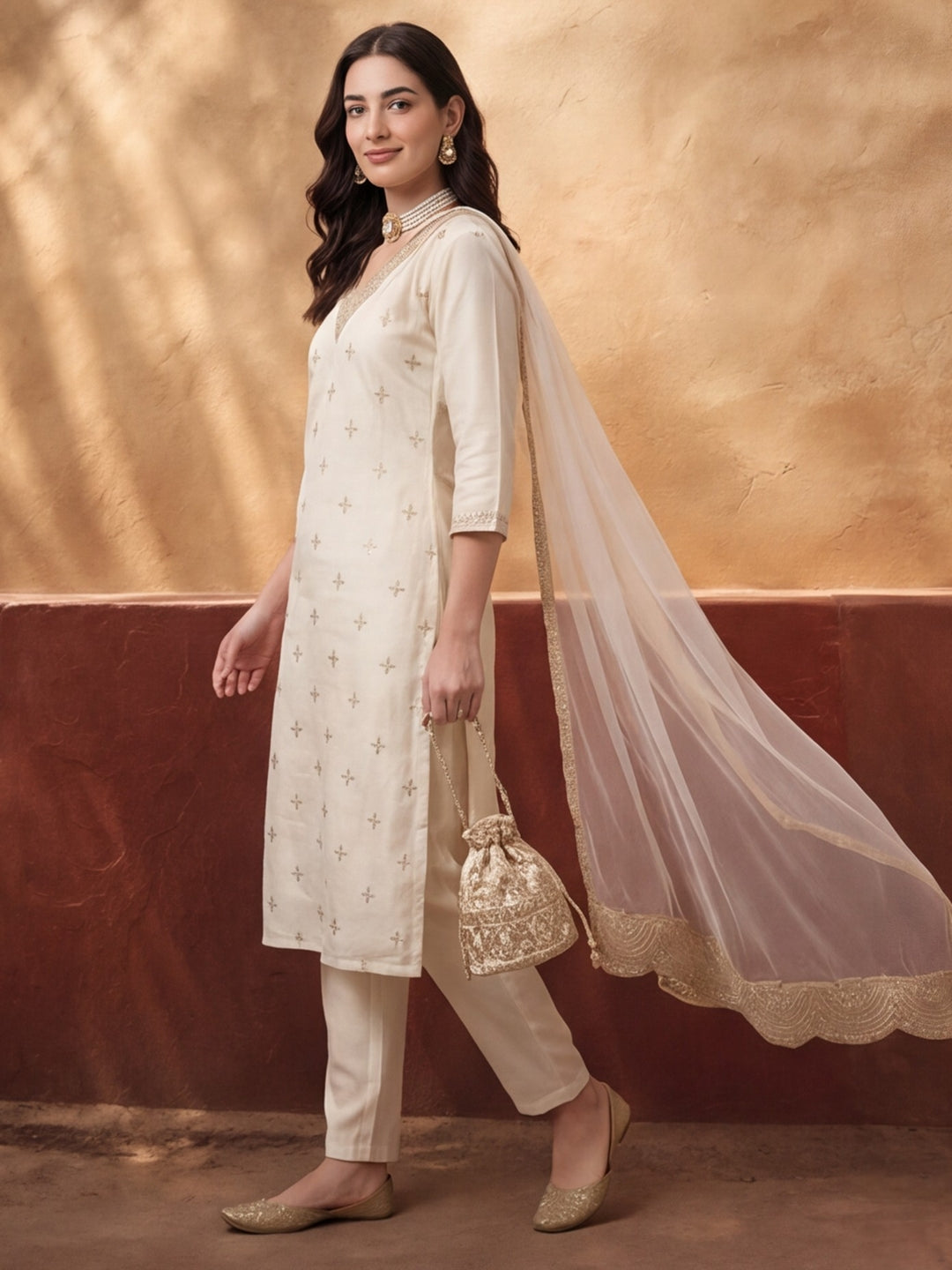 Women's Off White Embroidered Kurta Set with Organza Dupatta | Straight Ethnic Festive Wear Suit