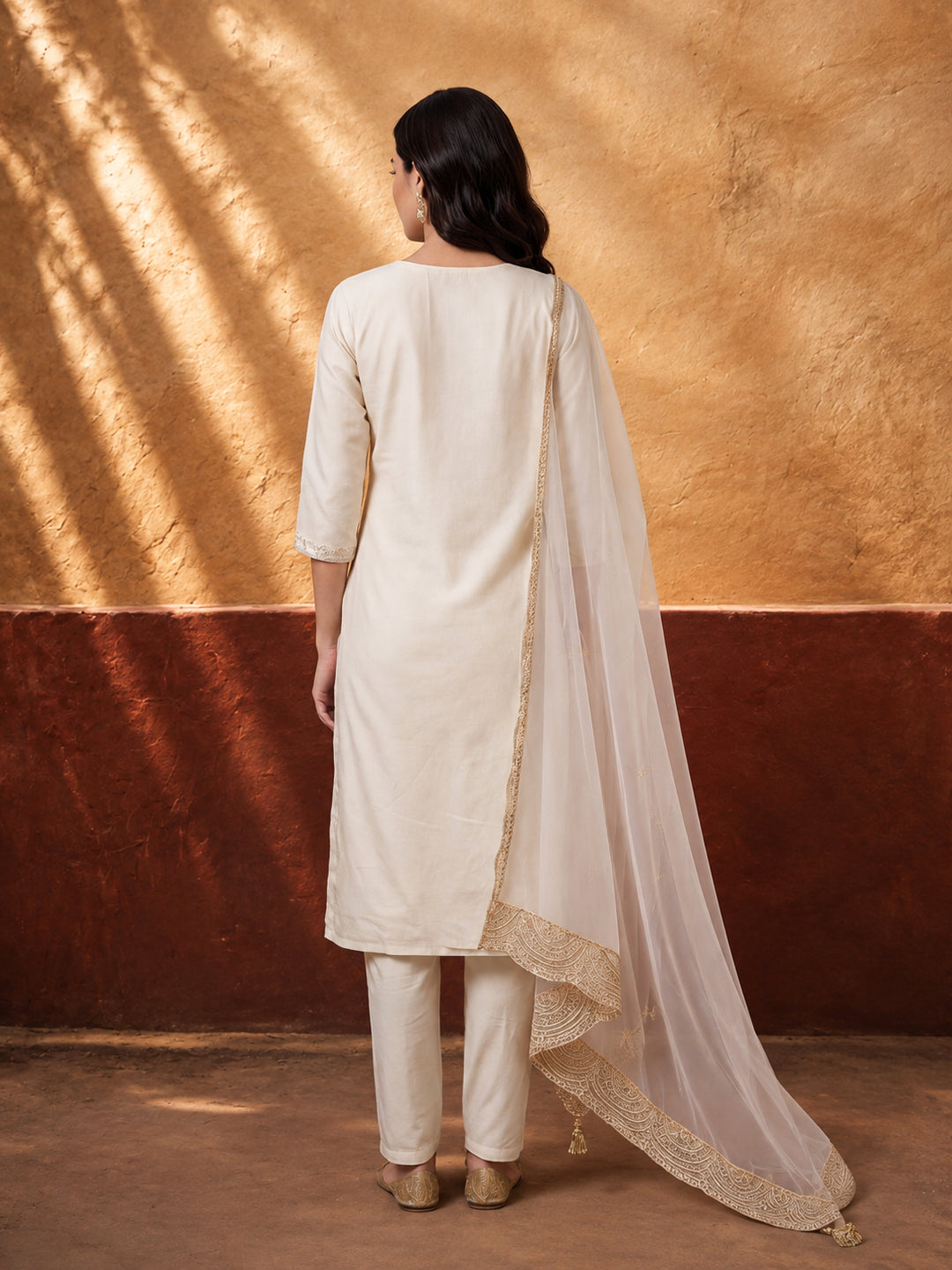 Women's Off White Embroidered Kurta Set with Organza Dupatta | Straight Ethnic Festive Wear Suit