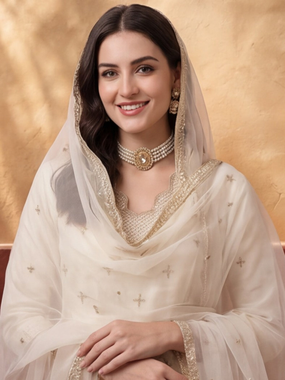 Women's Off White Embroidered Kurta Set with Organza Dupatta | Straight Ethnic Festive Wear Suit