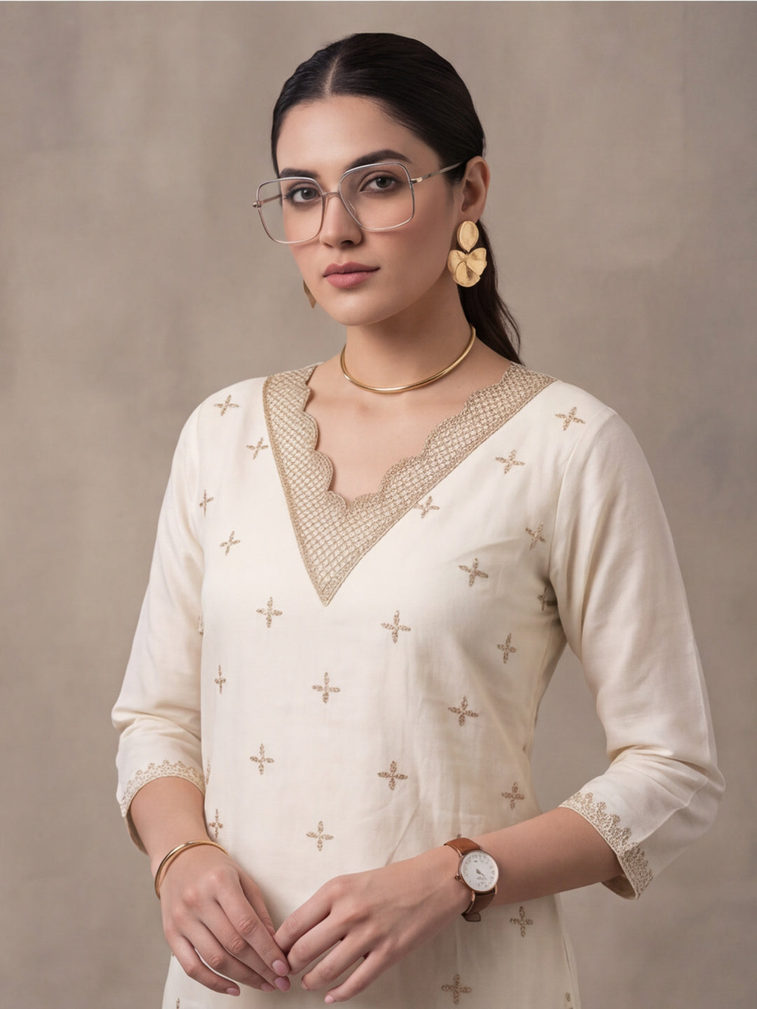 Women's Off White Embroidered Kurta Set with Organza Dupatta | Straight Ethnic Festive Wear Suit