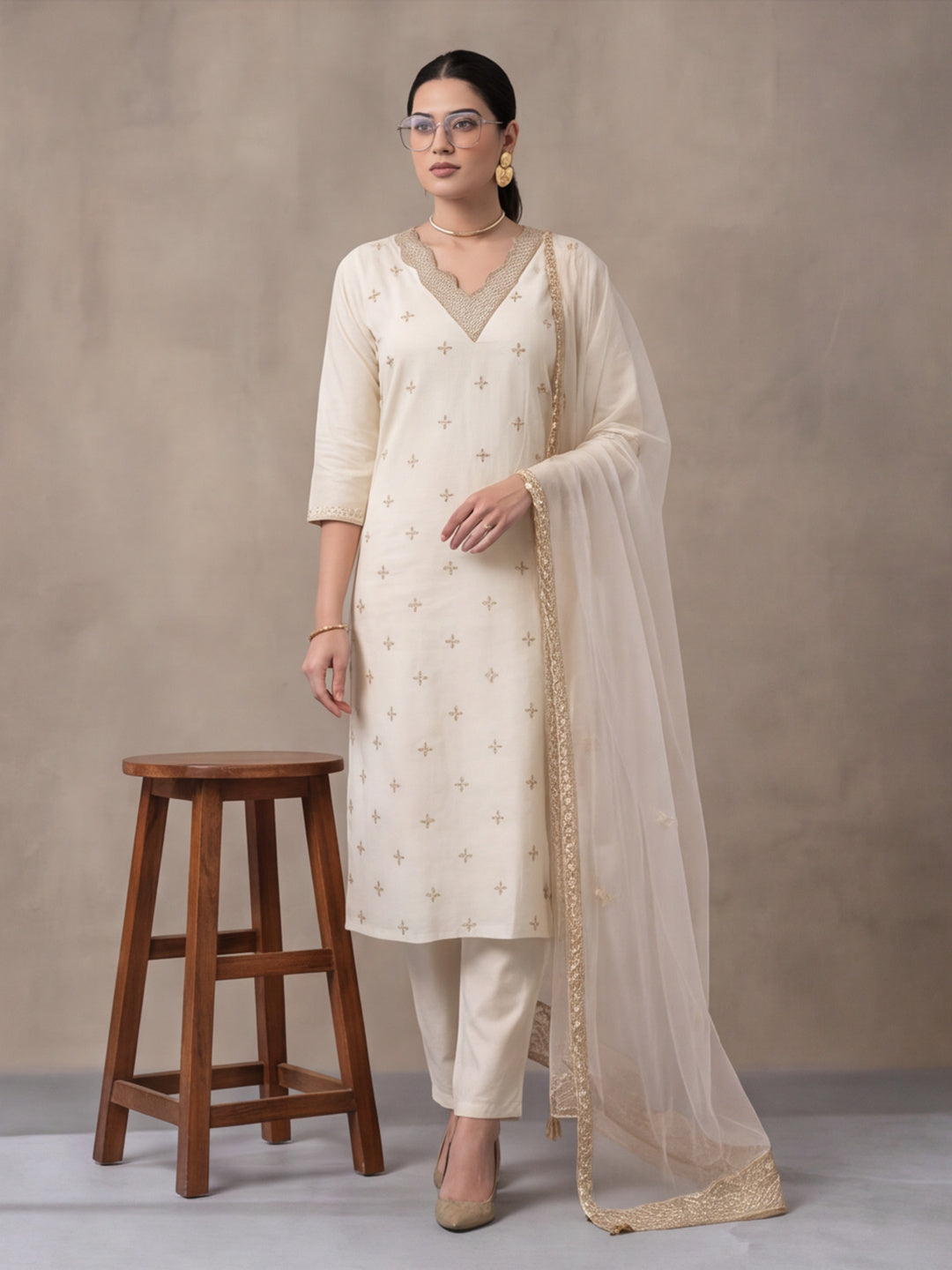 Women's Off White Embroidered Kurta Set with Organza Dupatta | Straight Ethnic Festive Wear Suit