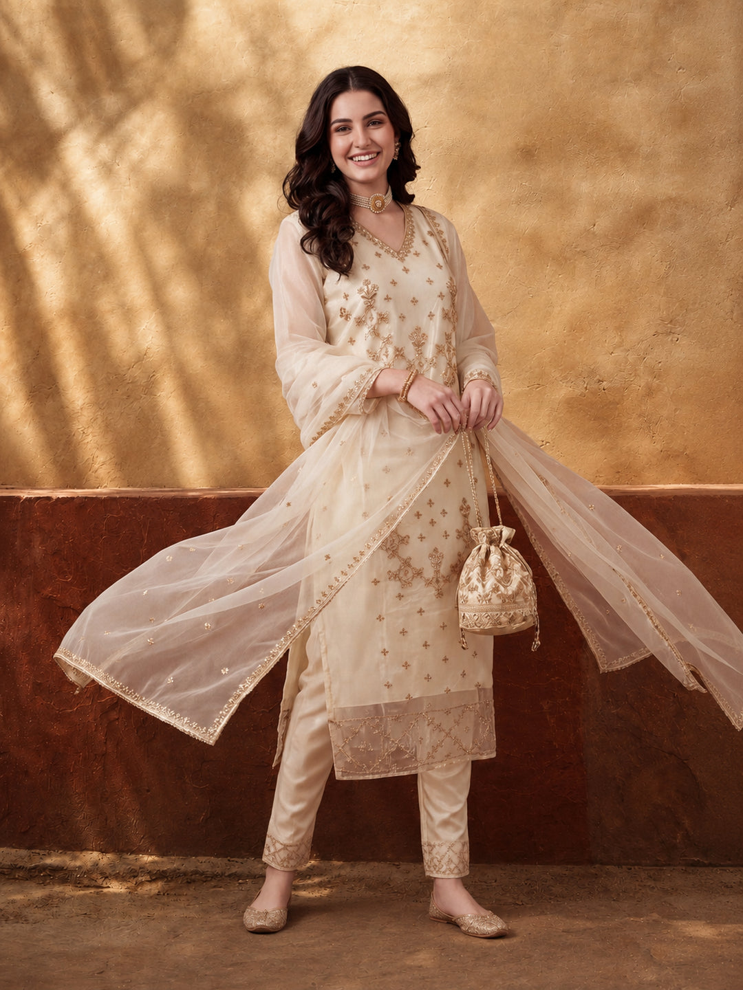 Women's Off White Heavy Embroidered Kurta Set with Organza Dupatta | Festive Ethnic Wear