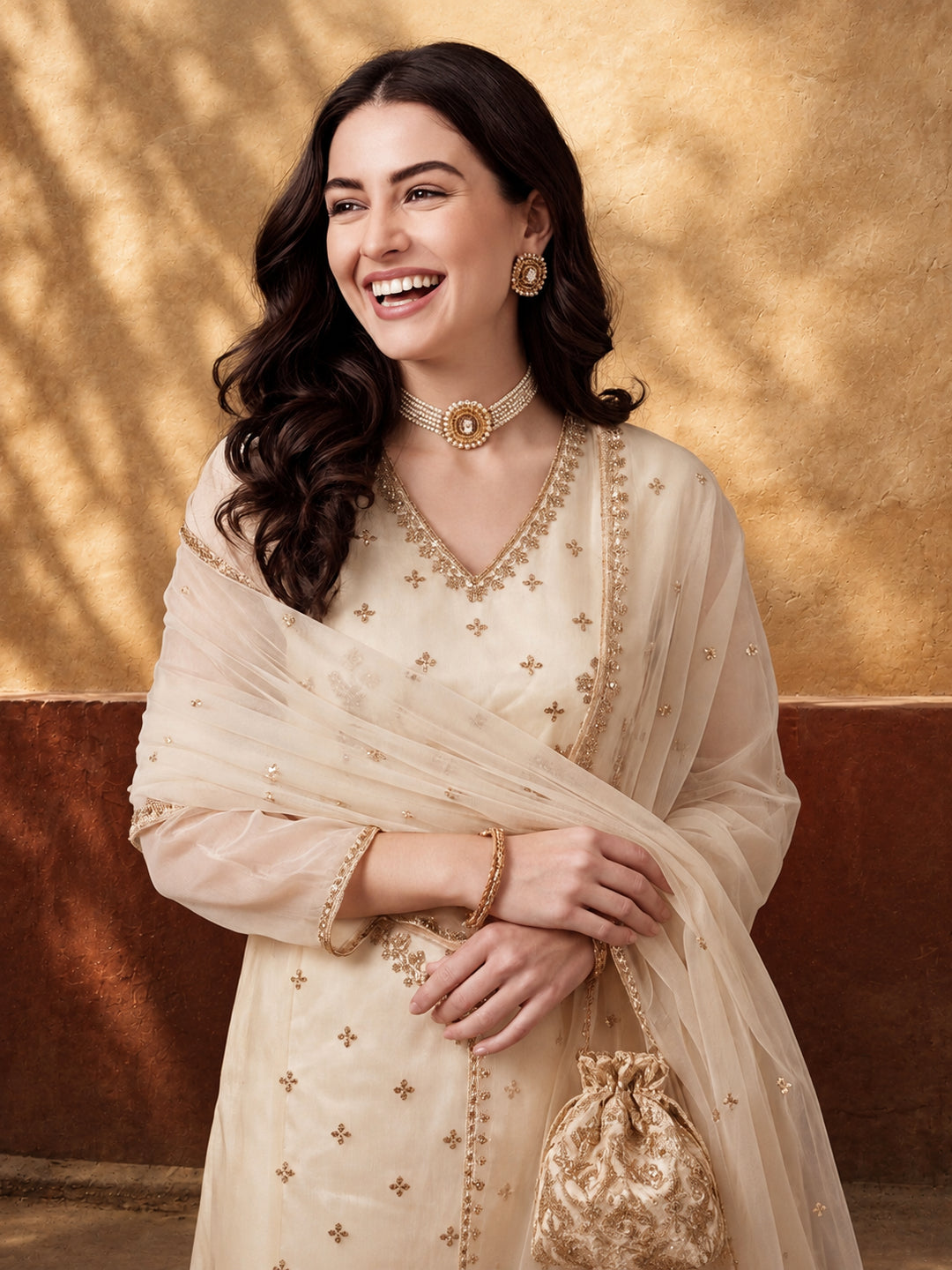 Women's Off White Heavy Embroidered Kurta Set with Organza Dupatta | Festive Ethnic Wear
