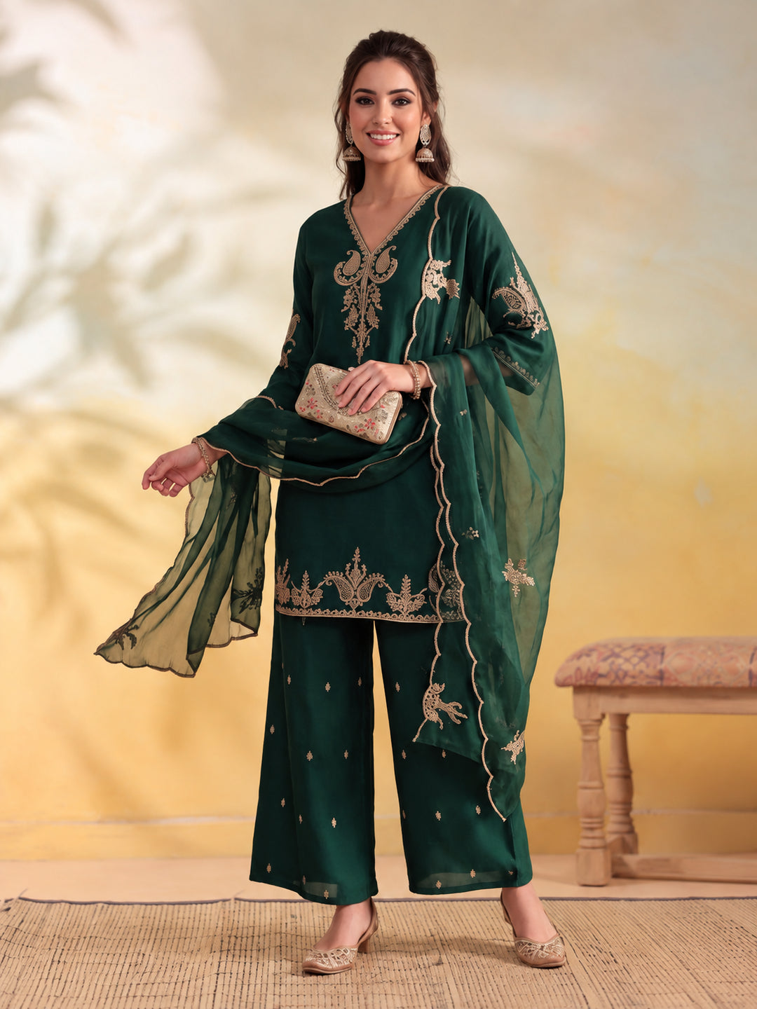 Women Embroidery Bottle Green Kurta Set with Dupatta