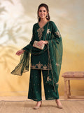 Women Embroidery Bottle Green Kurta Set with Dupatta