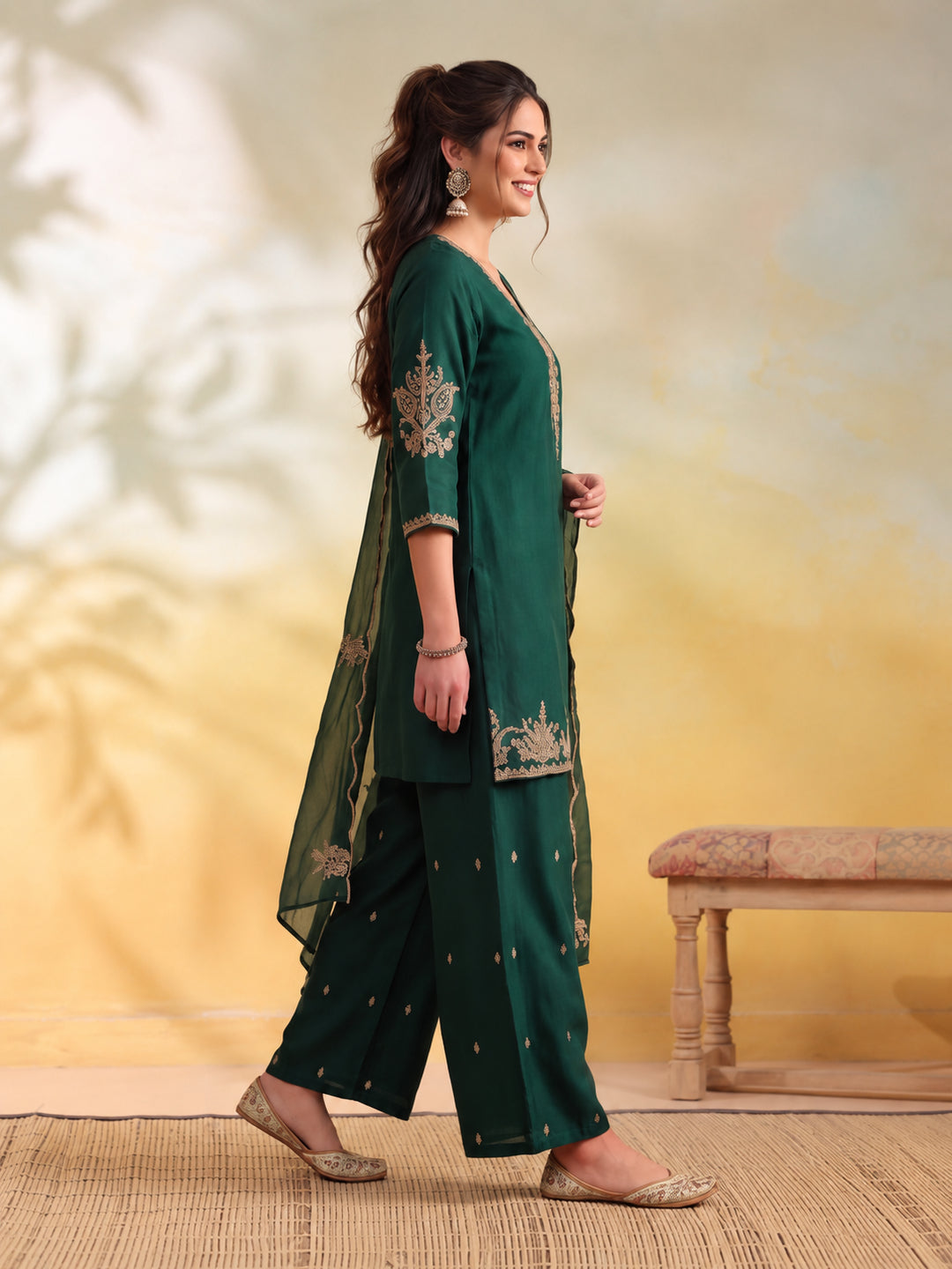 Women Embroidery Bottle Green Kurta Set with Dupatta