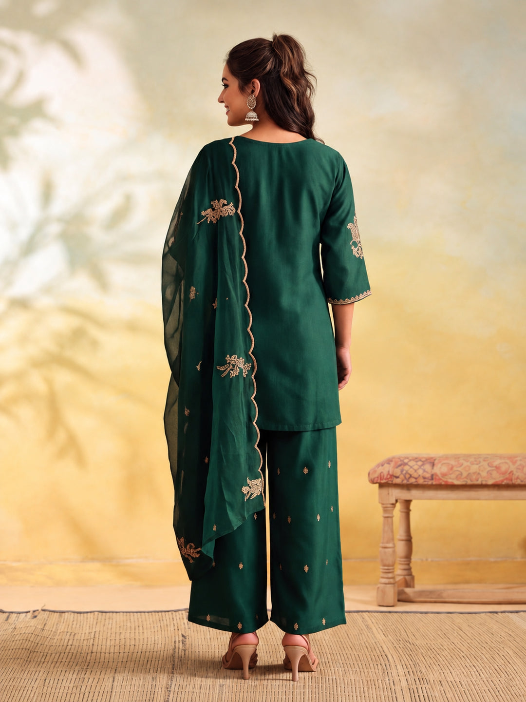 Women Embroidery Bottle Green Kurta Set with Dupatta