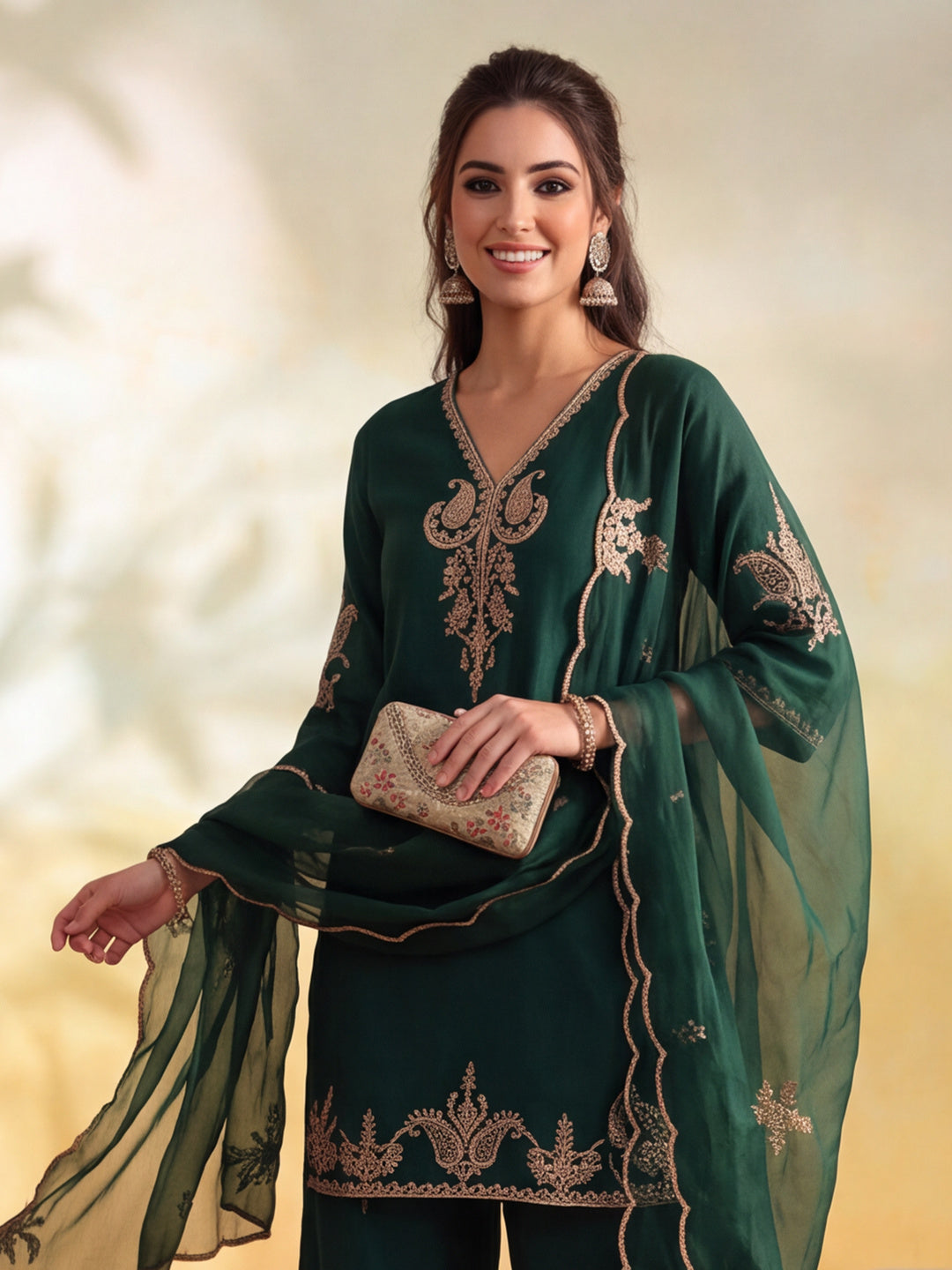 Women Embroidery Bottle Green Kurta Set with Dupatta