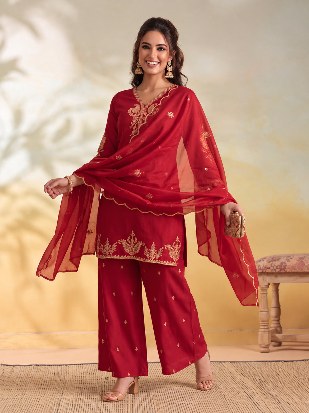 Women Embroidery Red Kurta Set with Dupatta