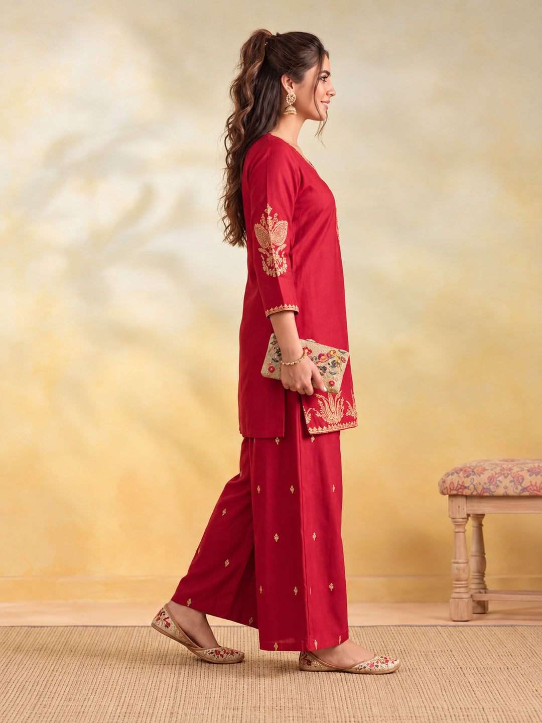 Women Embroidery Red Kurta Set with Dupatta