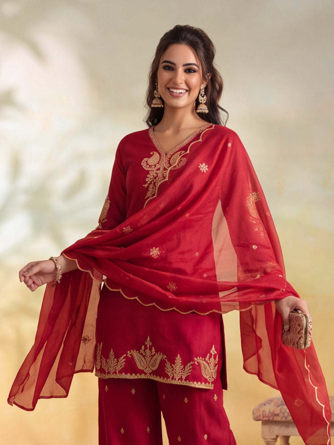 Women Embroidery Red Kurta Set with Dupatta