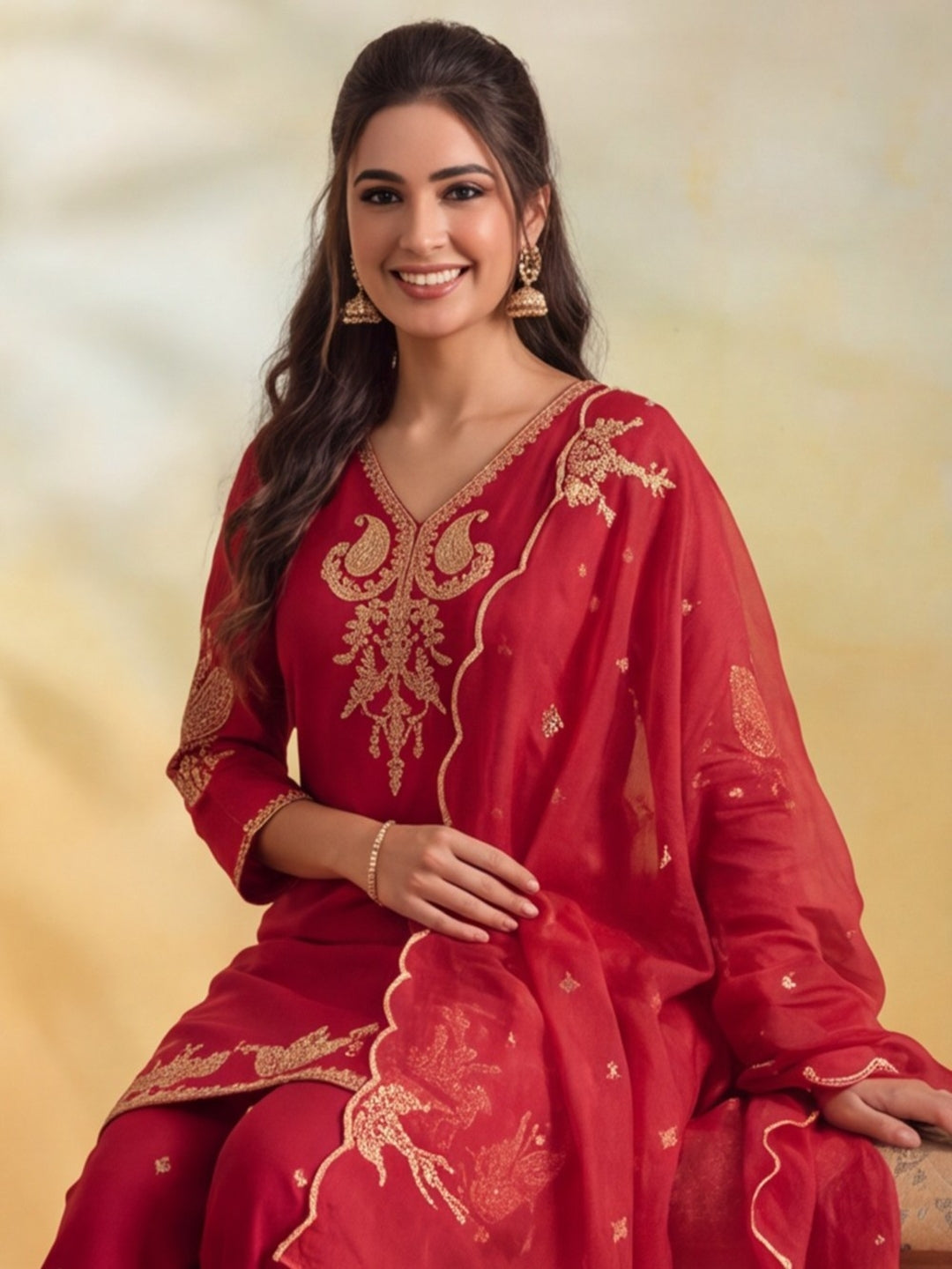 Women Embroidery Red Kurta Set with Dupatta