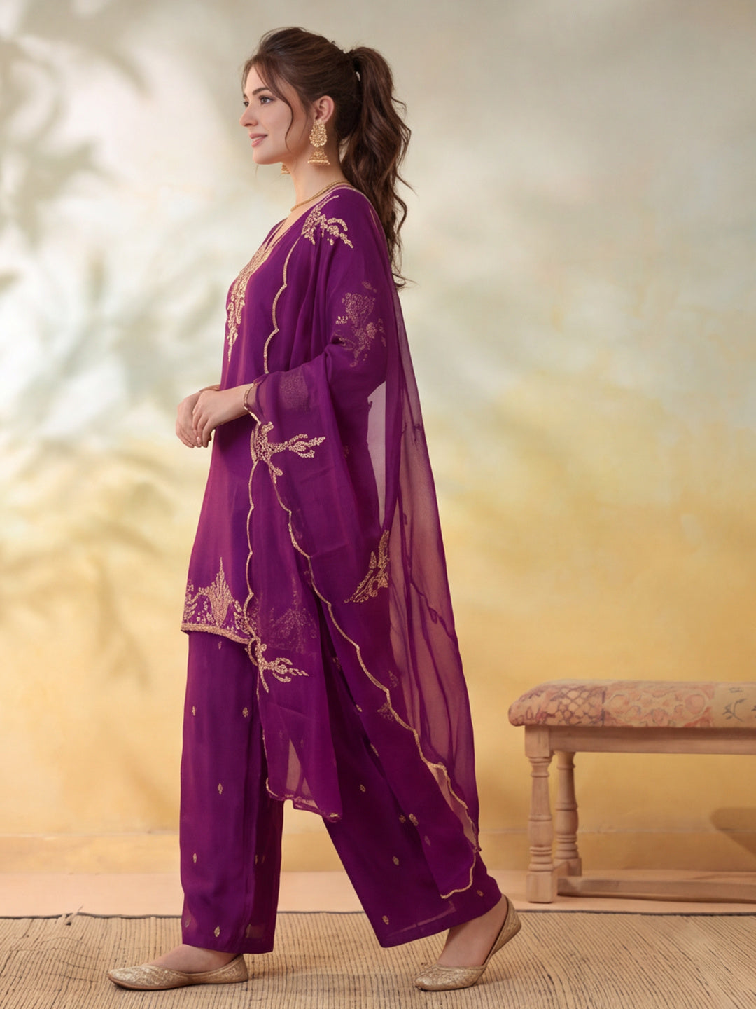 Women Embroidery Wine Kurta Set with Dupatta