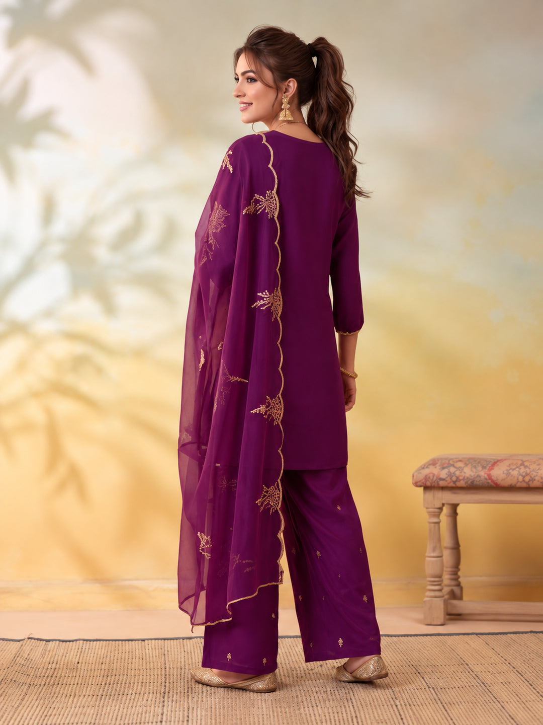 Women Embroidery Wine Kurta Set with Dupatta