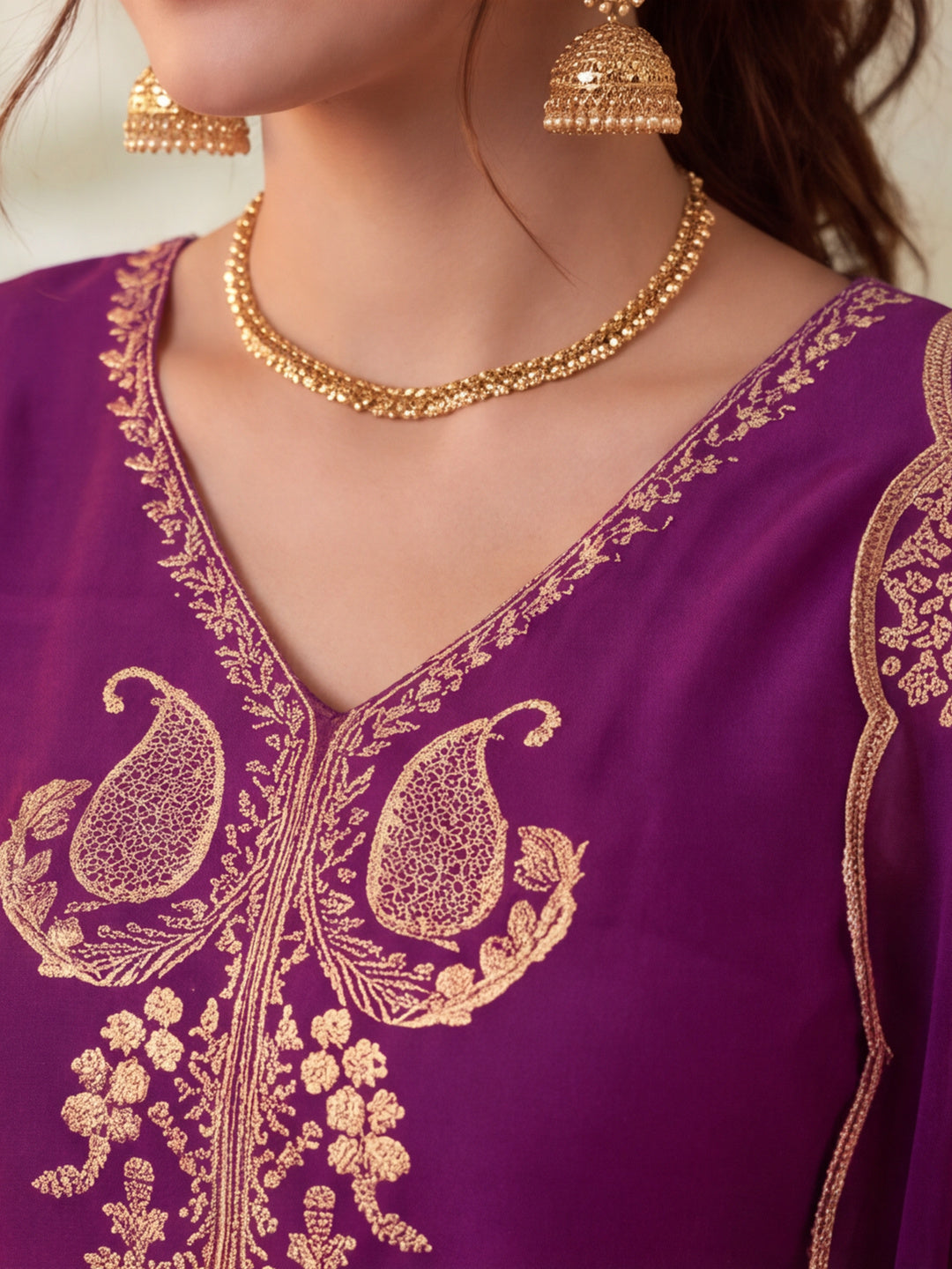 Women Embroidery Wine Kurta Set with Dupatta