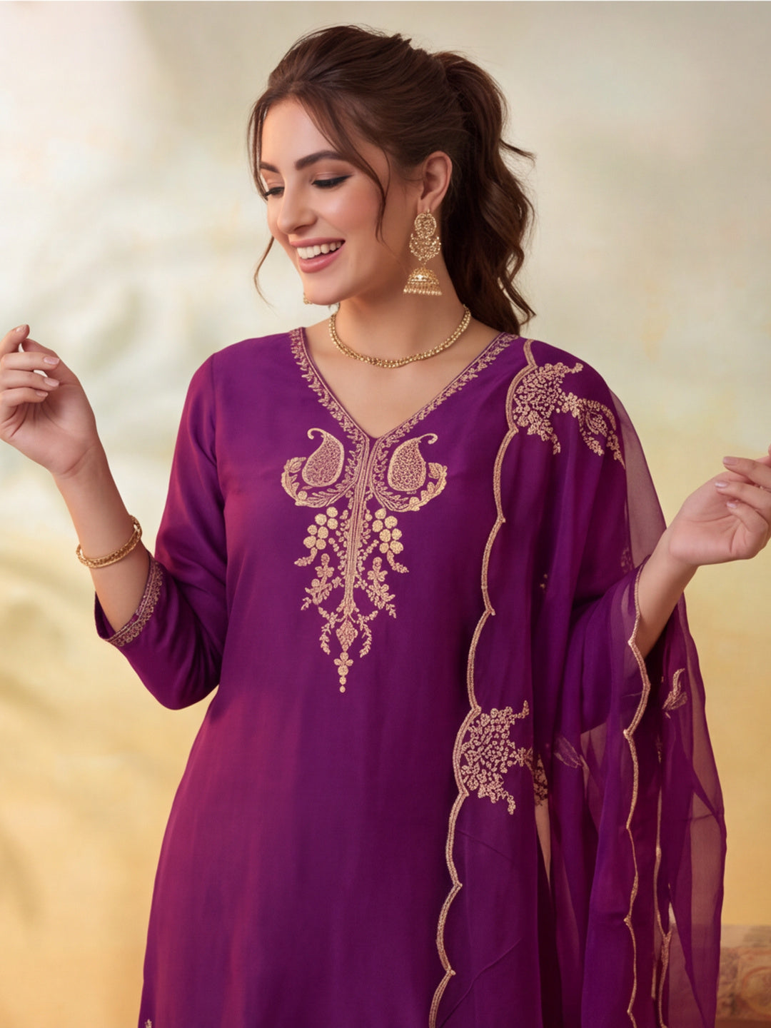 Women Embroidery Wine Kurta Set with Dupatta