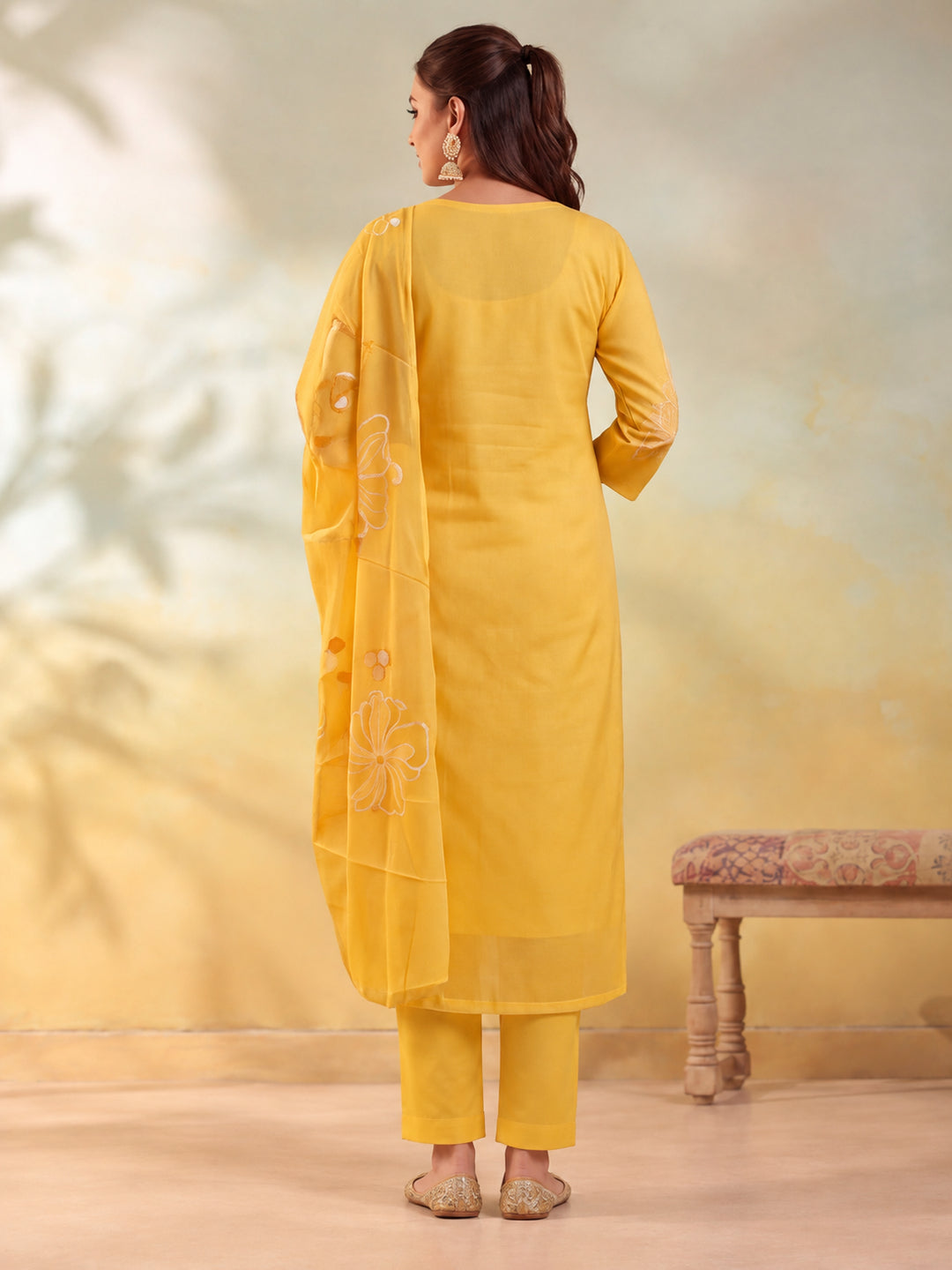 Women Floral Embroidery Yellow Kurta Set with Dupatta