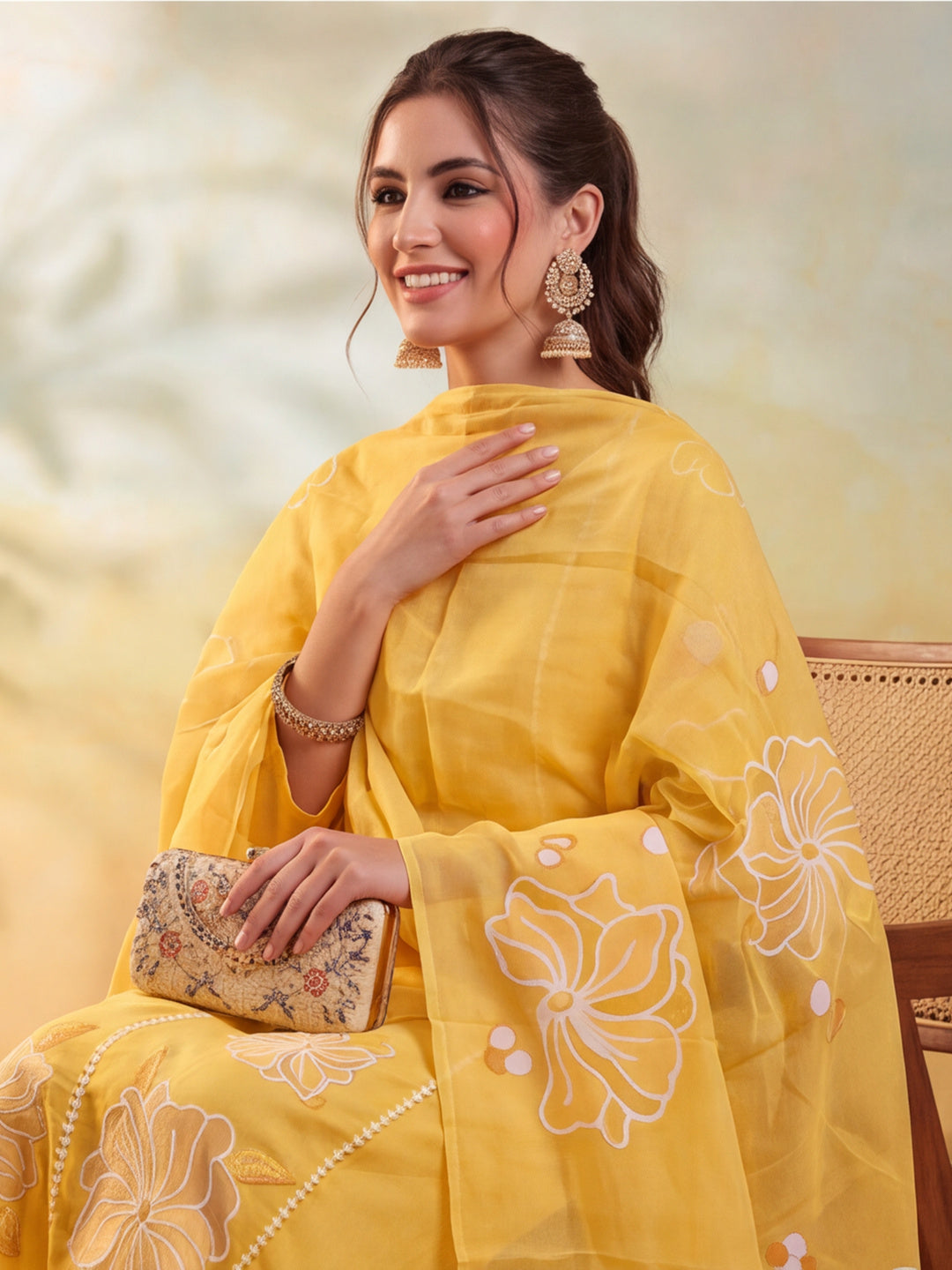 Women Floral Embroidery Yellow Kurta Set with Dupatta
