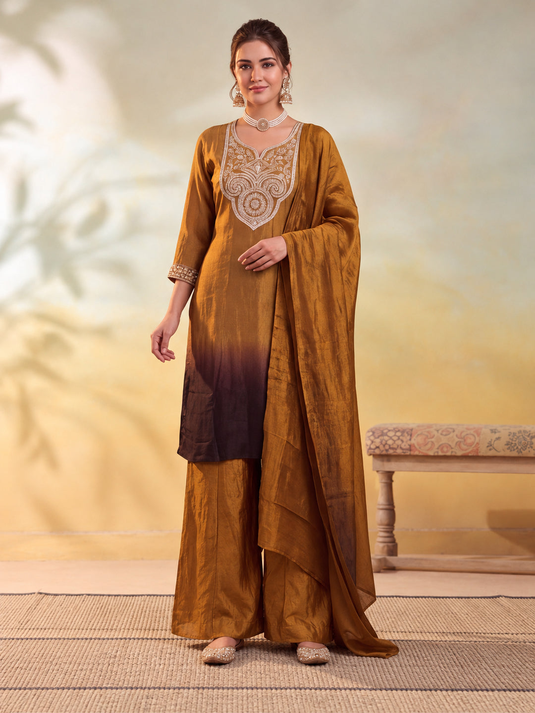 Women Embroidery Mustard Gold Kurta Set with Dupatta