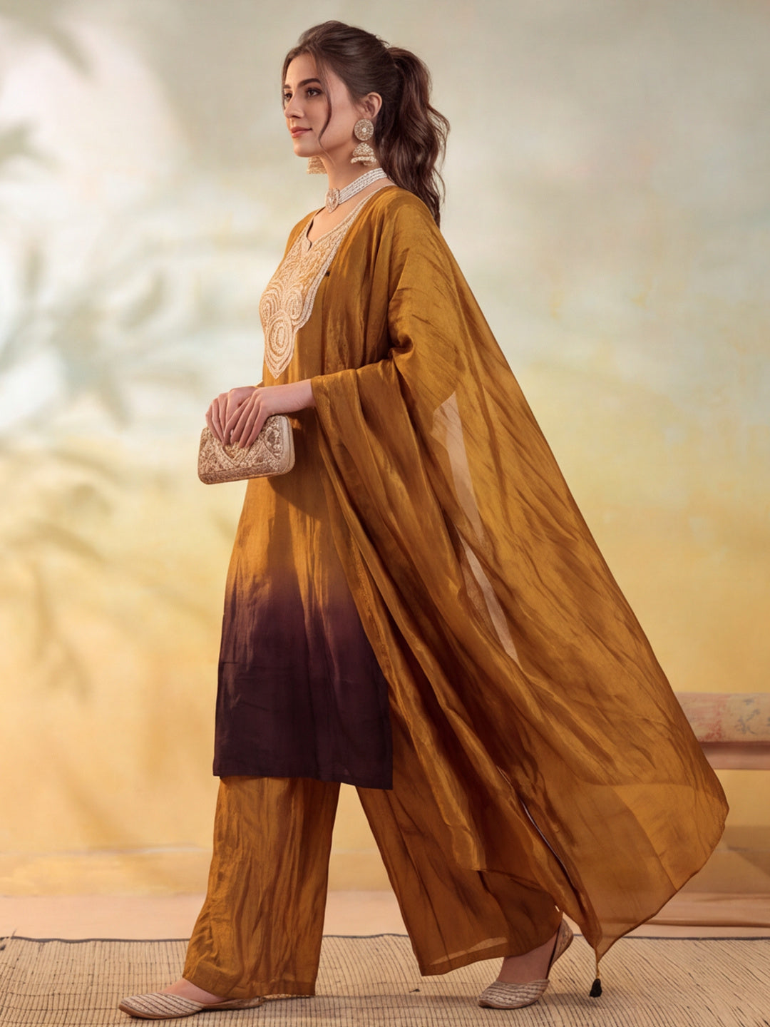 Women Embroidery Mustard Gold Kurta Set with Dupatta