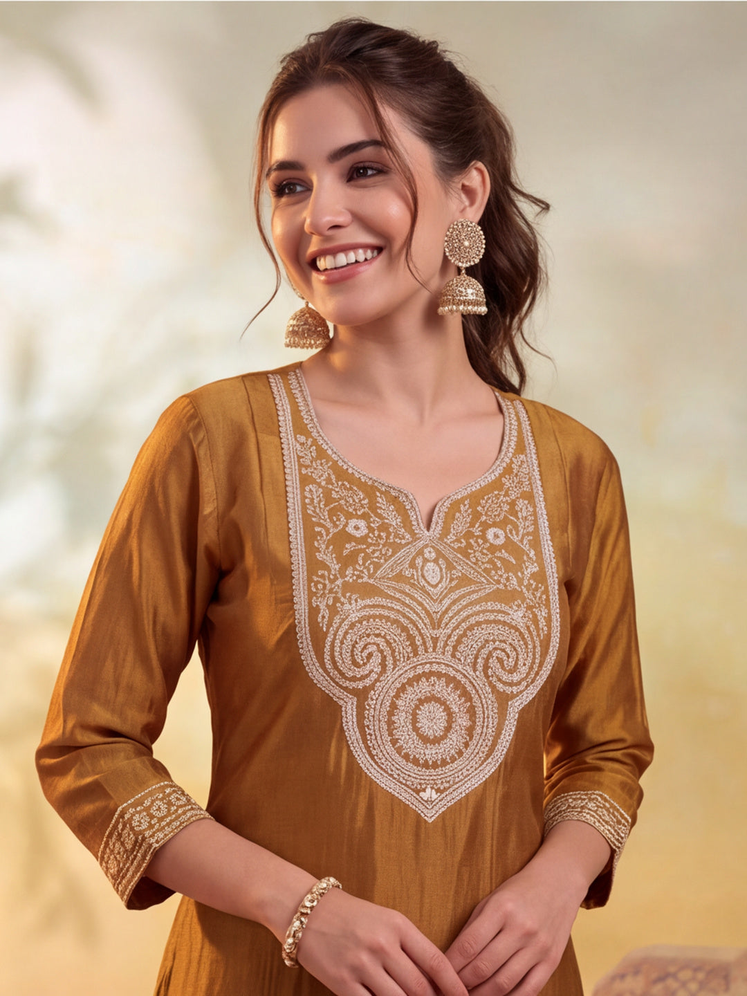 Women Embroidery Mustard Gold Kurta Set with Dupatta
