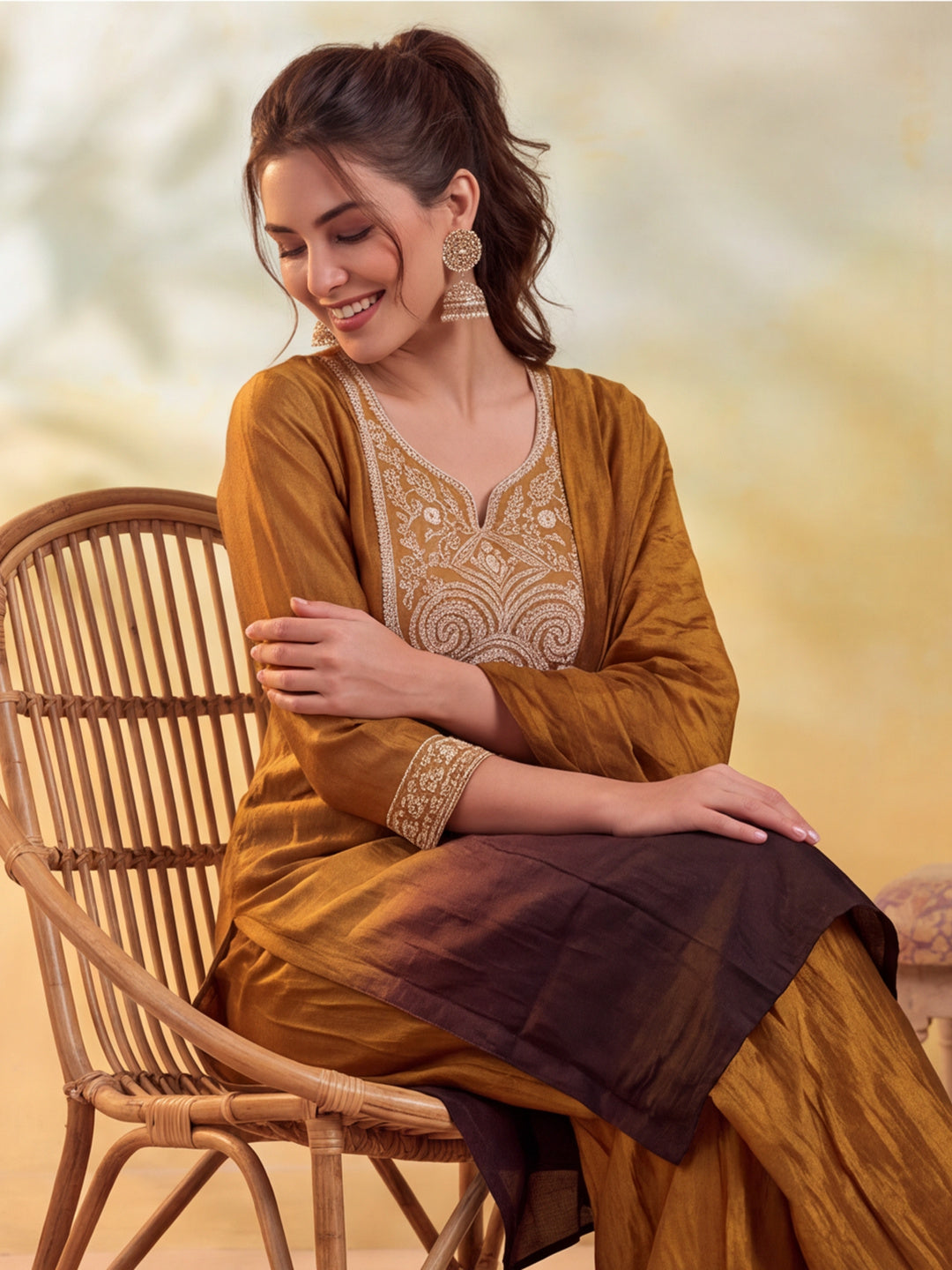 Women Embroidery Mustard Gold Kurta Set with Dupatta