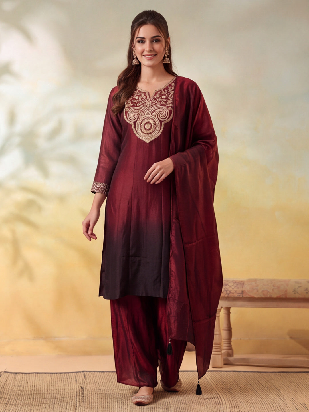 Women Embroidery Maroon Kurta Set with Dupatta