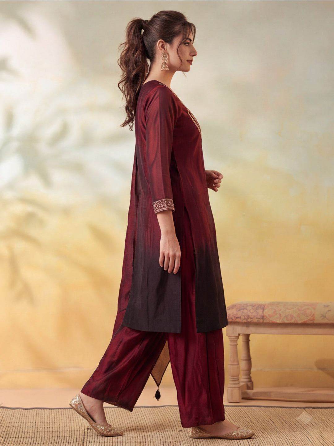 Women Embroidery Maroon Kurta Set with Dupatta