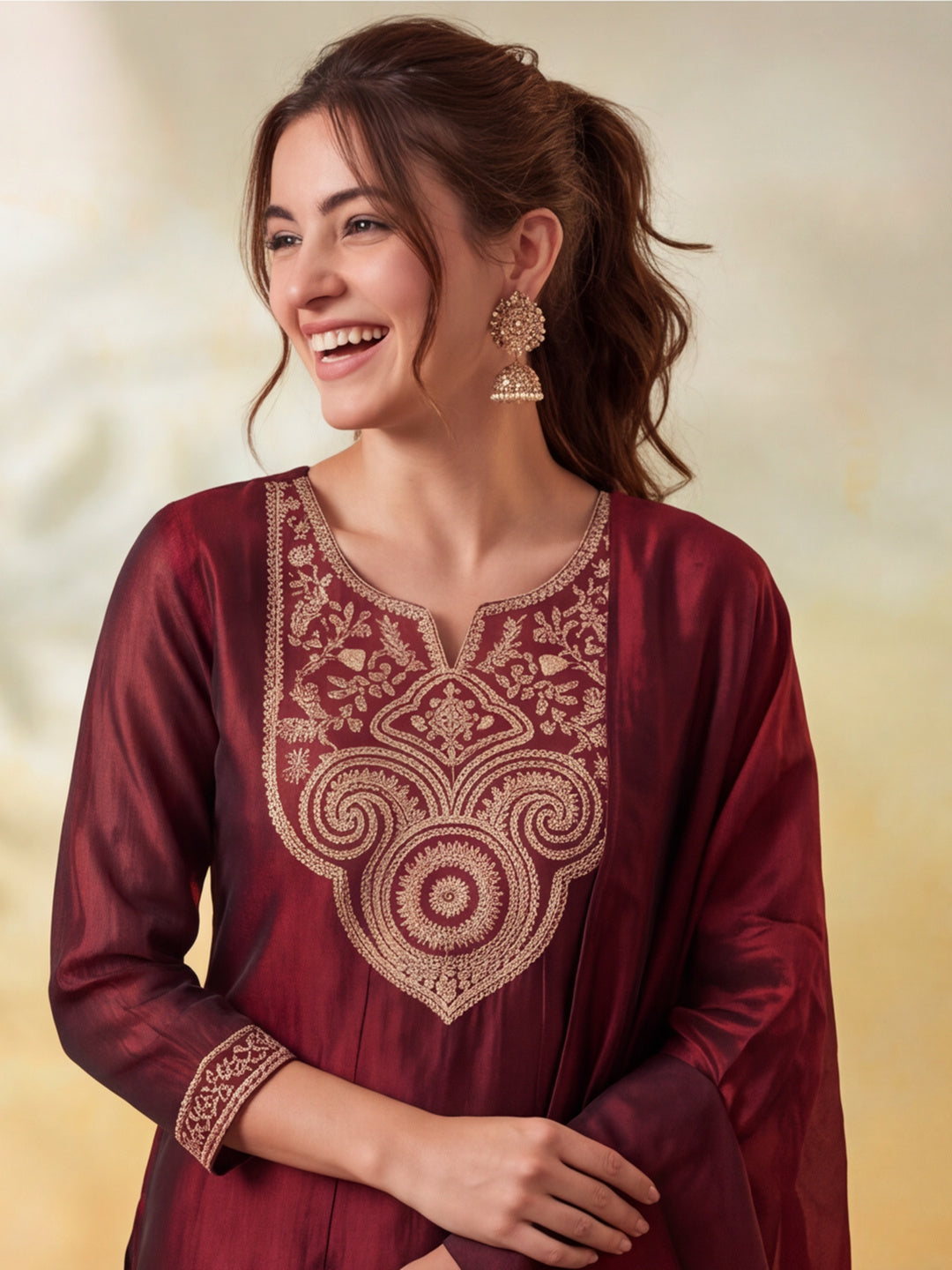 Women Embroidery Maroon Kurta Set with Dupatta