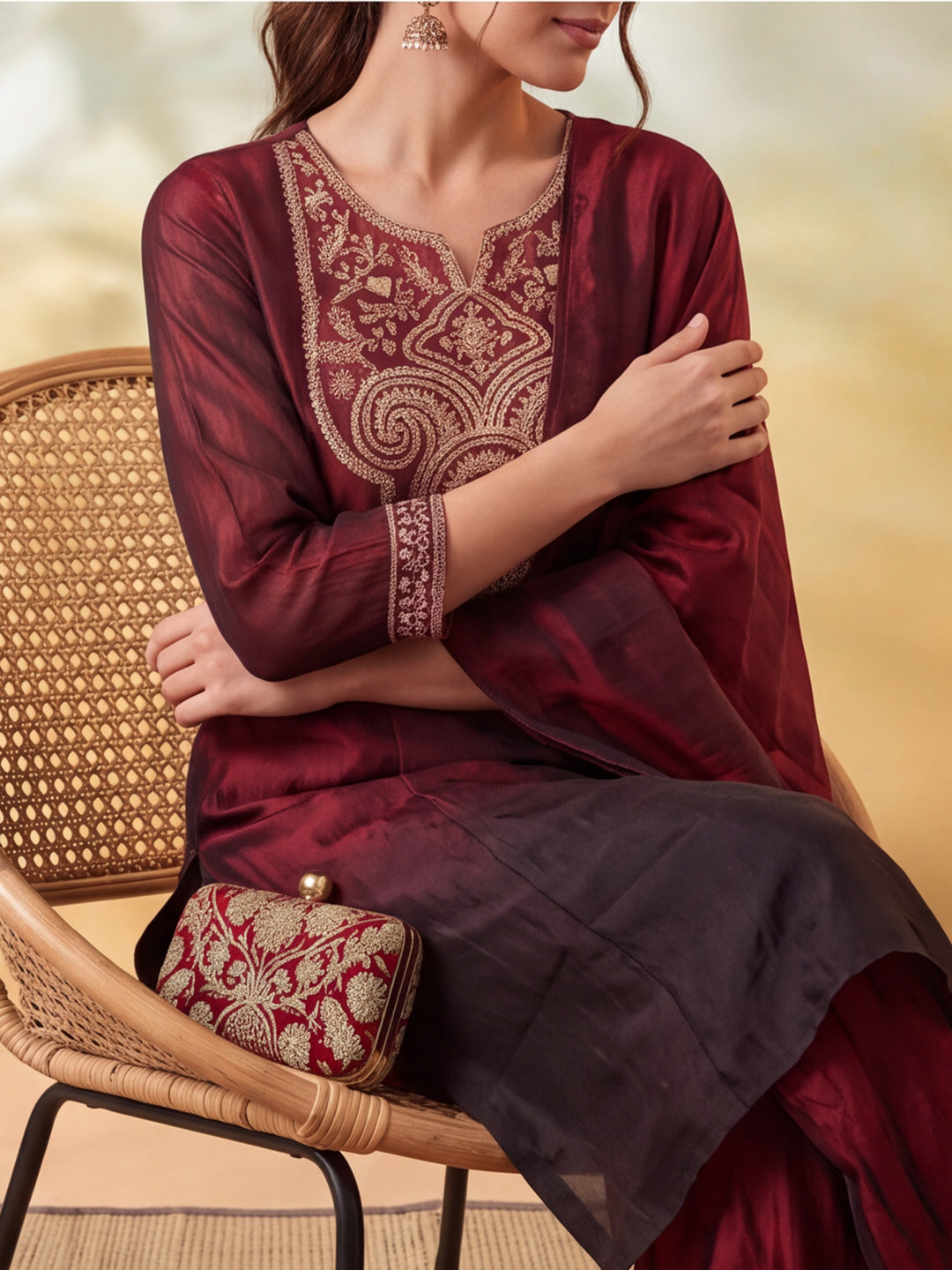 Women Embroidery Maroon Kurta Set with Dupatta