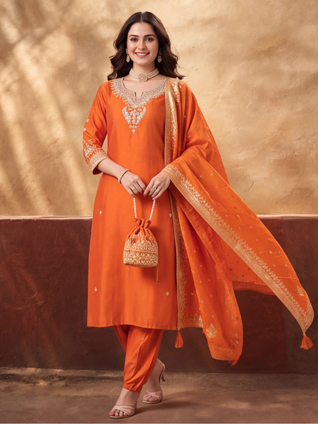 Women's Orange Embroidered Kurta Set with Dupatta | Zari Festive Ethnic Straight Suit