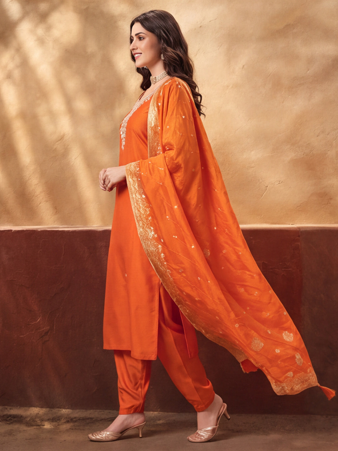 Women's Orange Embroidered Kurta Set with Dupatta | Zari Festive Ethnic Straight Suit