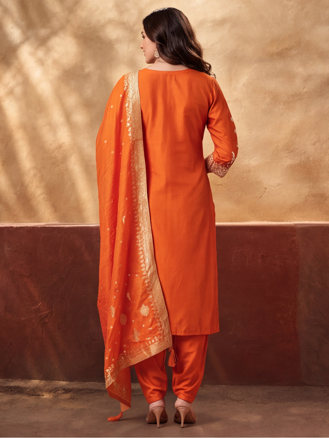 Women's Orange Embroidered Kurta Set with Dupatta | Zari Festive Ethnic Straight Suit