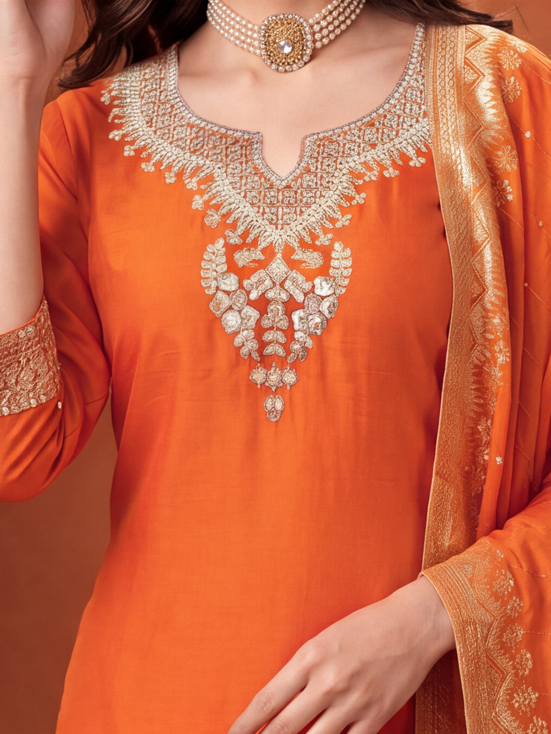 Women's Orange Embroidered Kurta Set with Dupatta | Zari Festive Ethnic Straight Suit