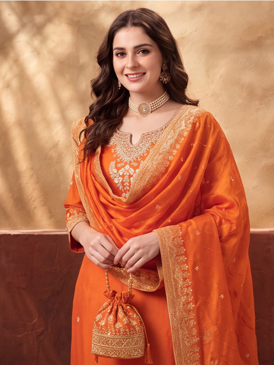 Women's Orange Embroidered Kurta Set with Dupatta | Zari Festive Ethnic Straight Suit