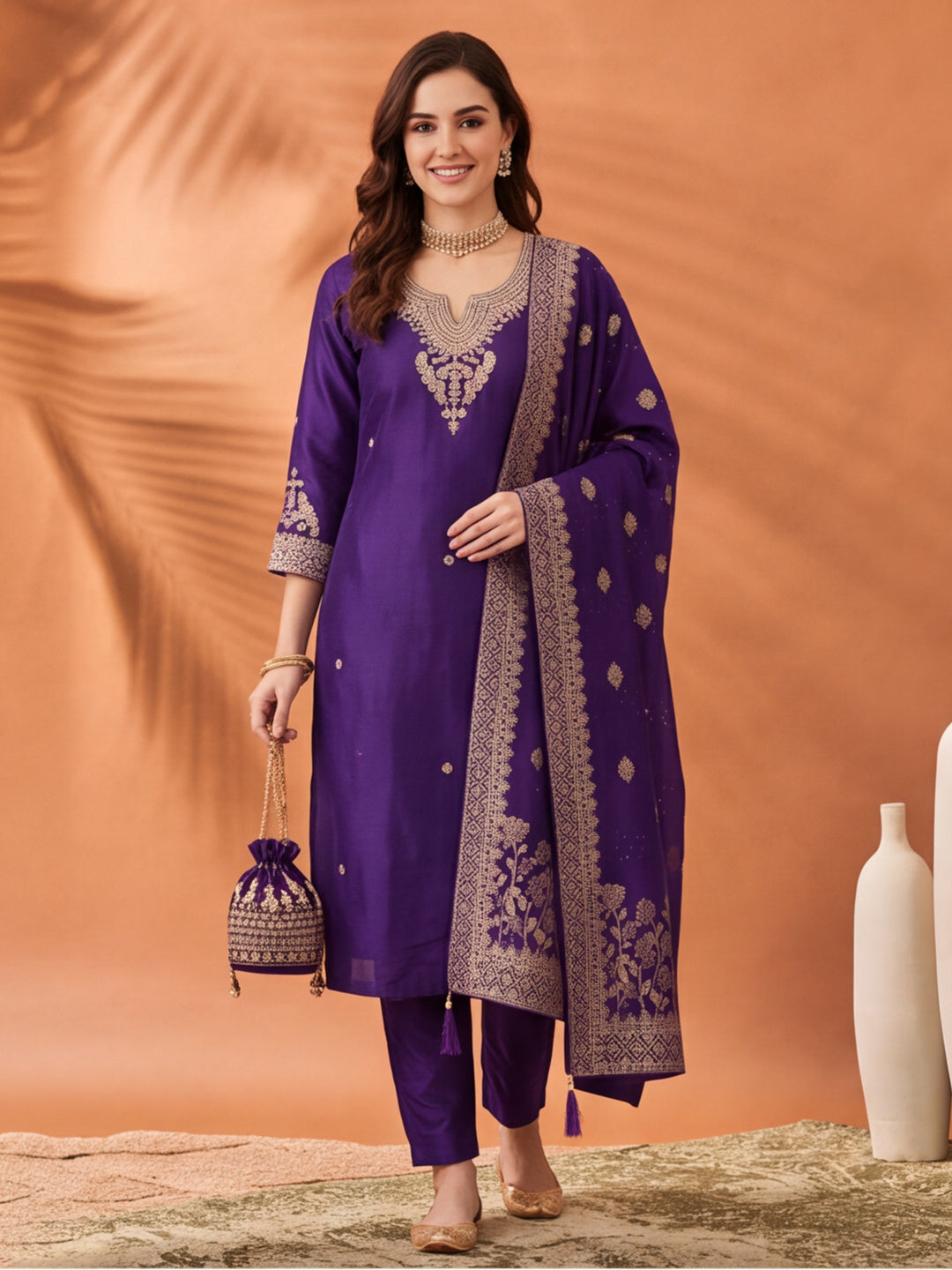 Women's Purple Embroidered Kurta Set with Dupatta | Zari Festive Ethnic Straight Suit