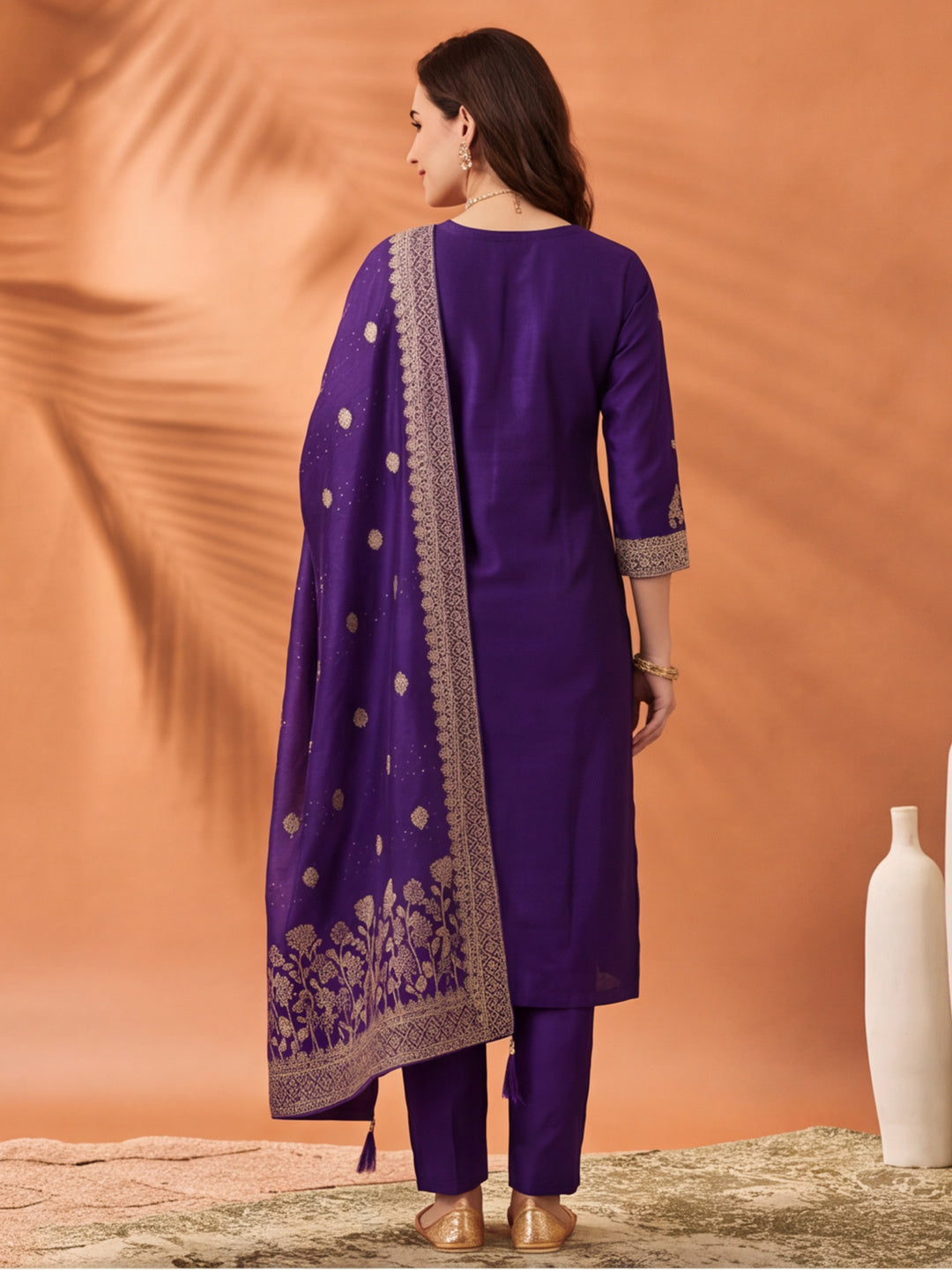 Women's Purple Embroidered Kurta Set with Dupatta | Zari Festive Ethnic Straight Suit