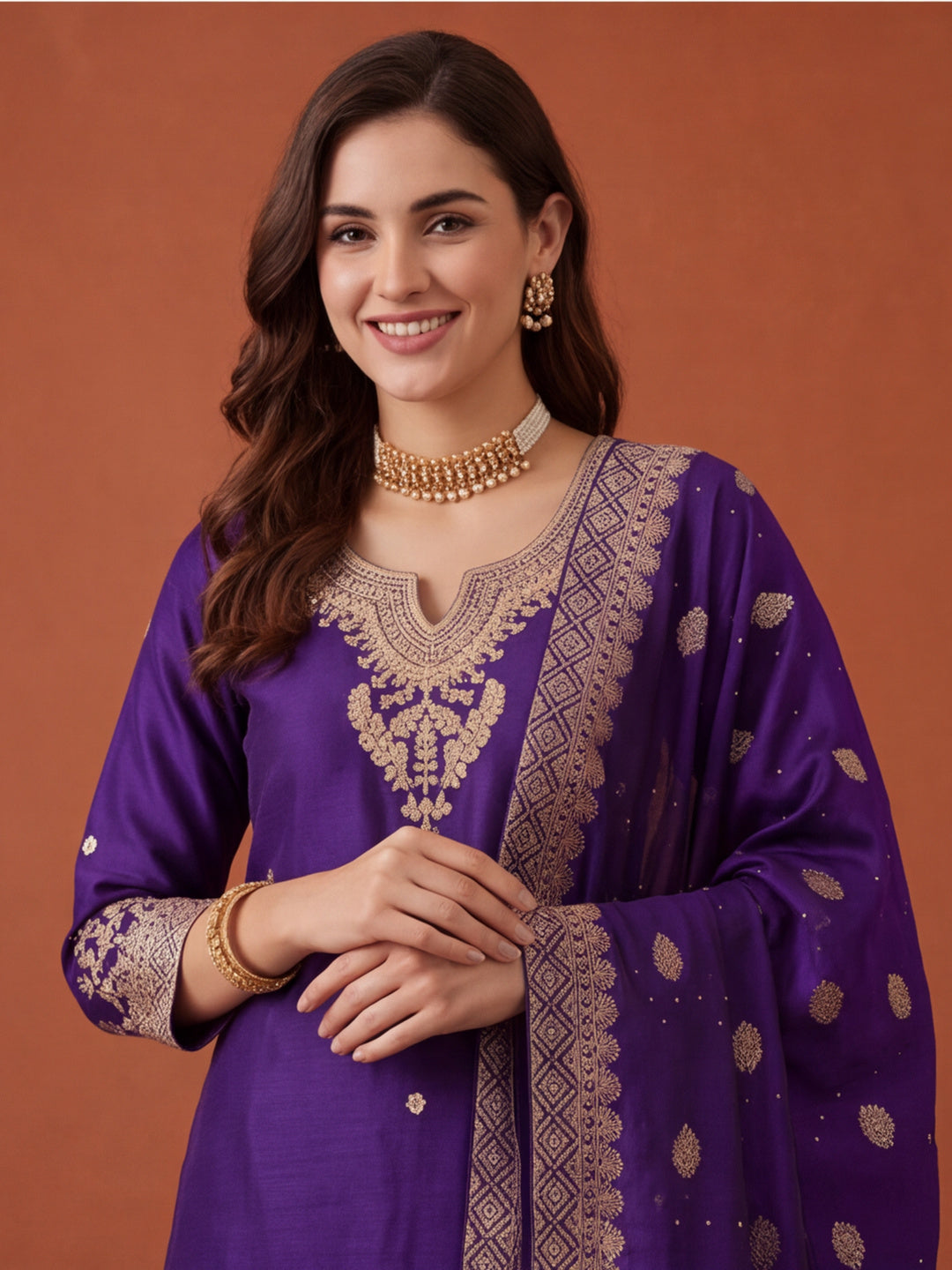 Women's Purple Embroidered Kurta Set with Dupatta | Zari Festive Ethnic Straight Suit