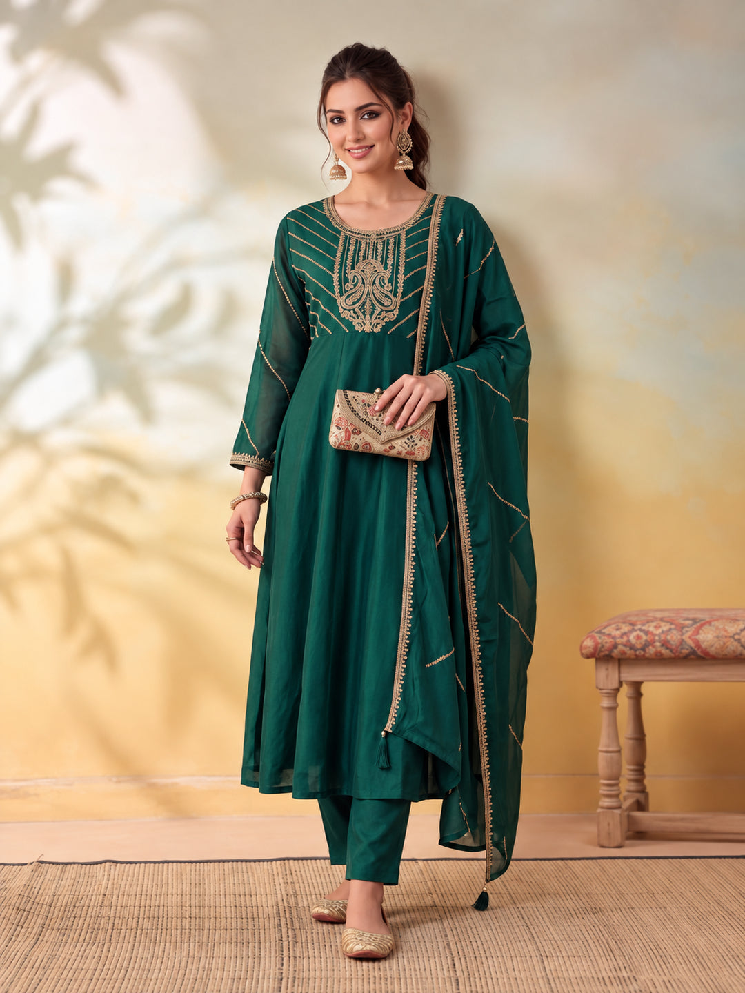 Women Embroidery Bottle Green Kurta Set with Dupatta