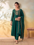 Women Embroidery Bottle Green Kurta Set with Dupatta