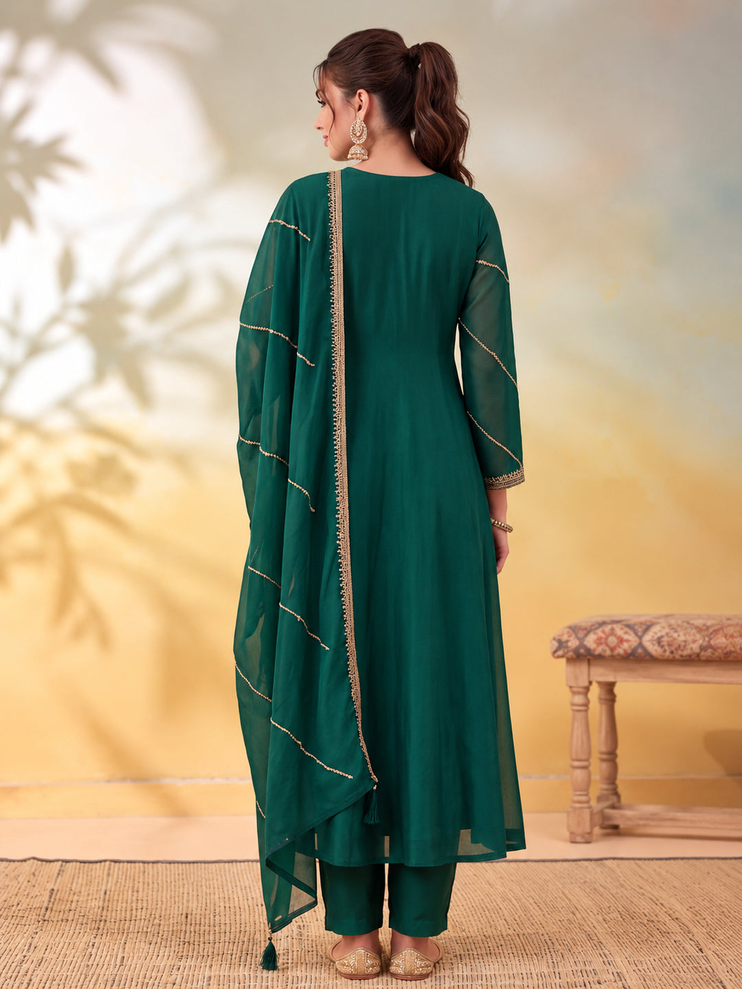 Women Embroidery Bottle Green Kurta Set with Dupatta
