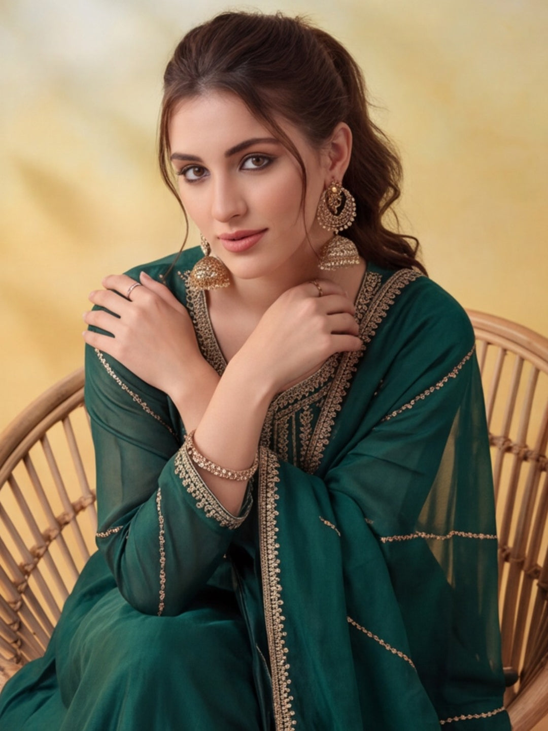 Women Embroidery Bottle Green Kurta Set with Dupatta