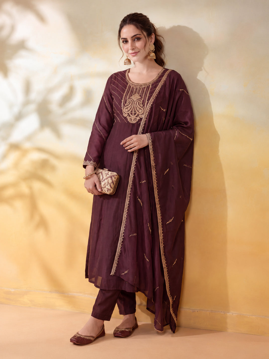 Women Embroidery Coffee Brown Kurta Set with Dupatta