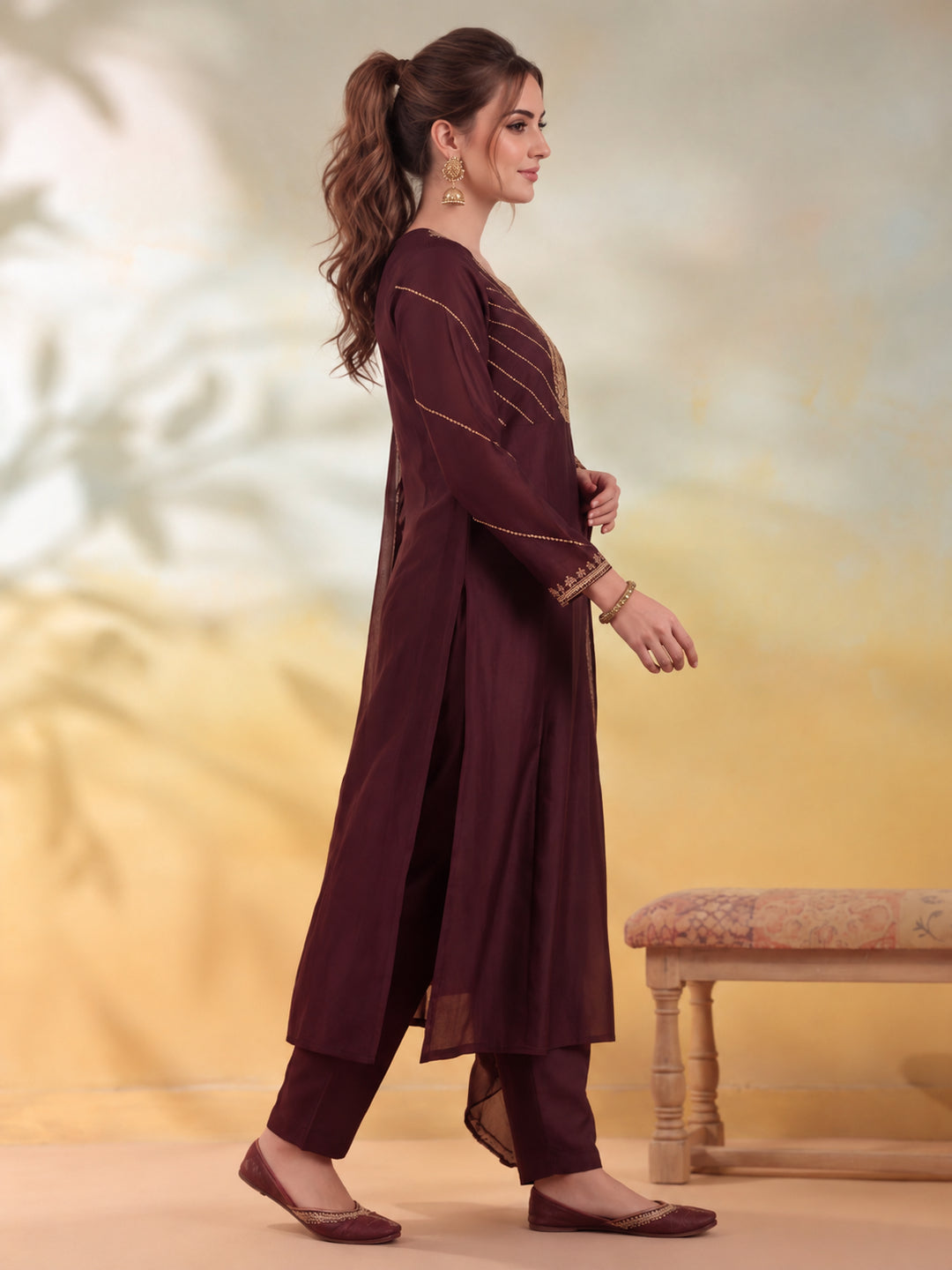 Women Embroidery Coffee Brown Kurta Set with Dupatta