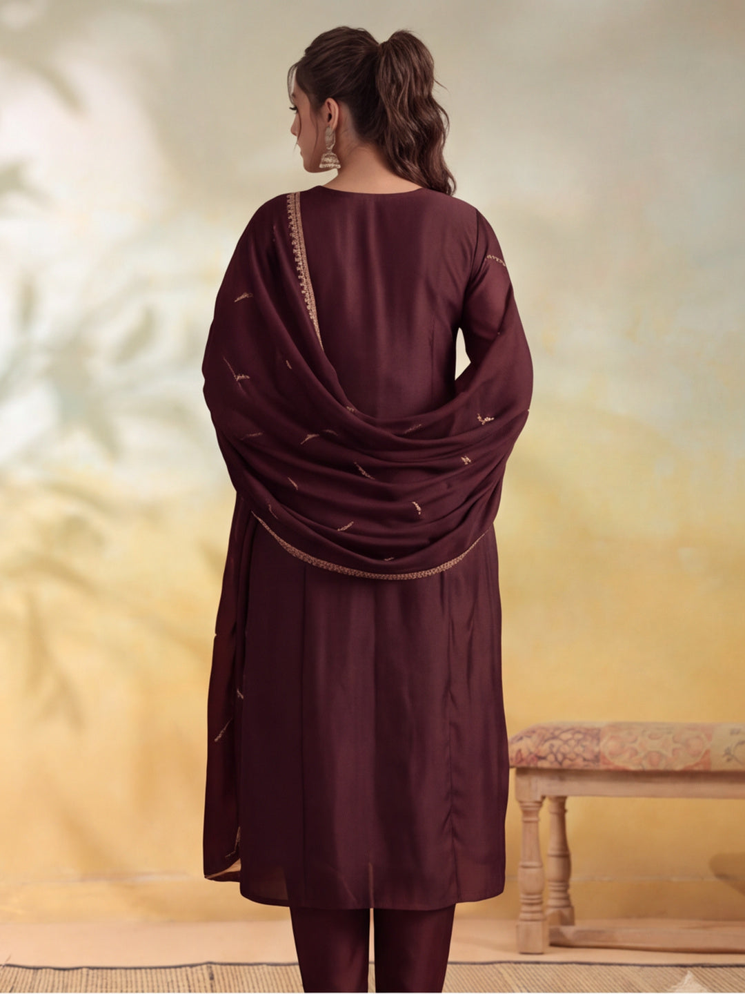 Women Embroidery Coffee Brown Kurta Set with Dupatta