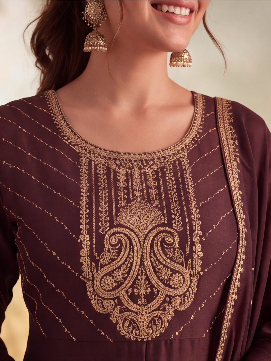 Women Embroidery Coffee Brown Kurta Set with Dupatta