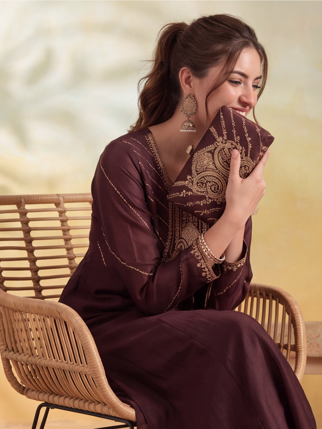 Women Embroidery Coffee Brown Kurta Set with Dupatta