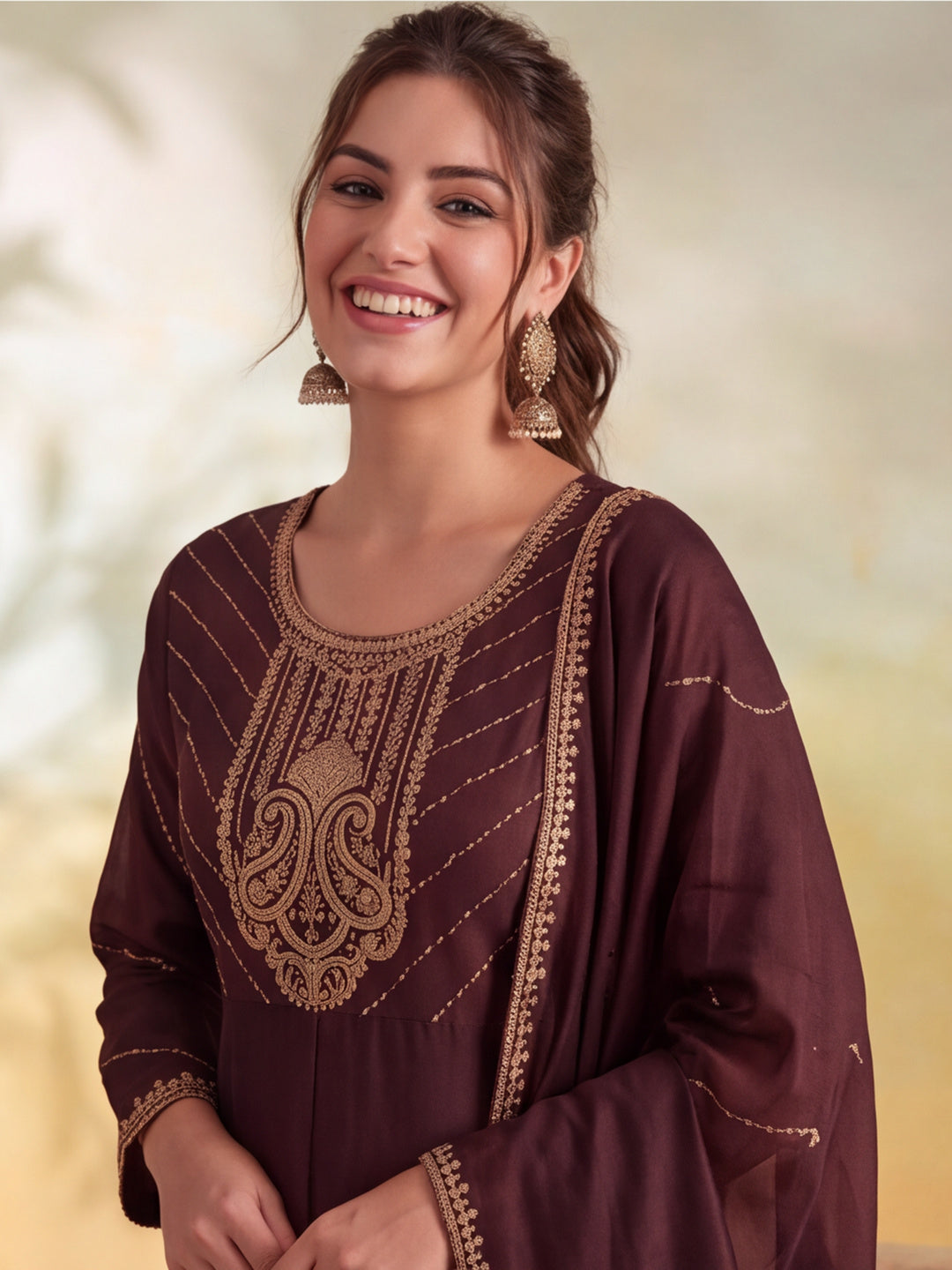 Women Embroidery Coffee Brown Kurta Set with Dupatta