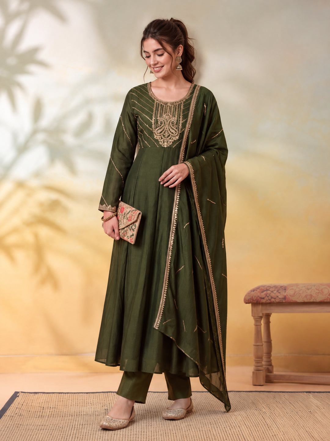 Women Embroidery Mehndi Green Kurta Set with Dupatta