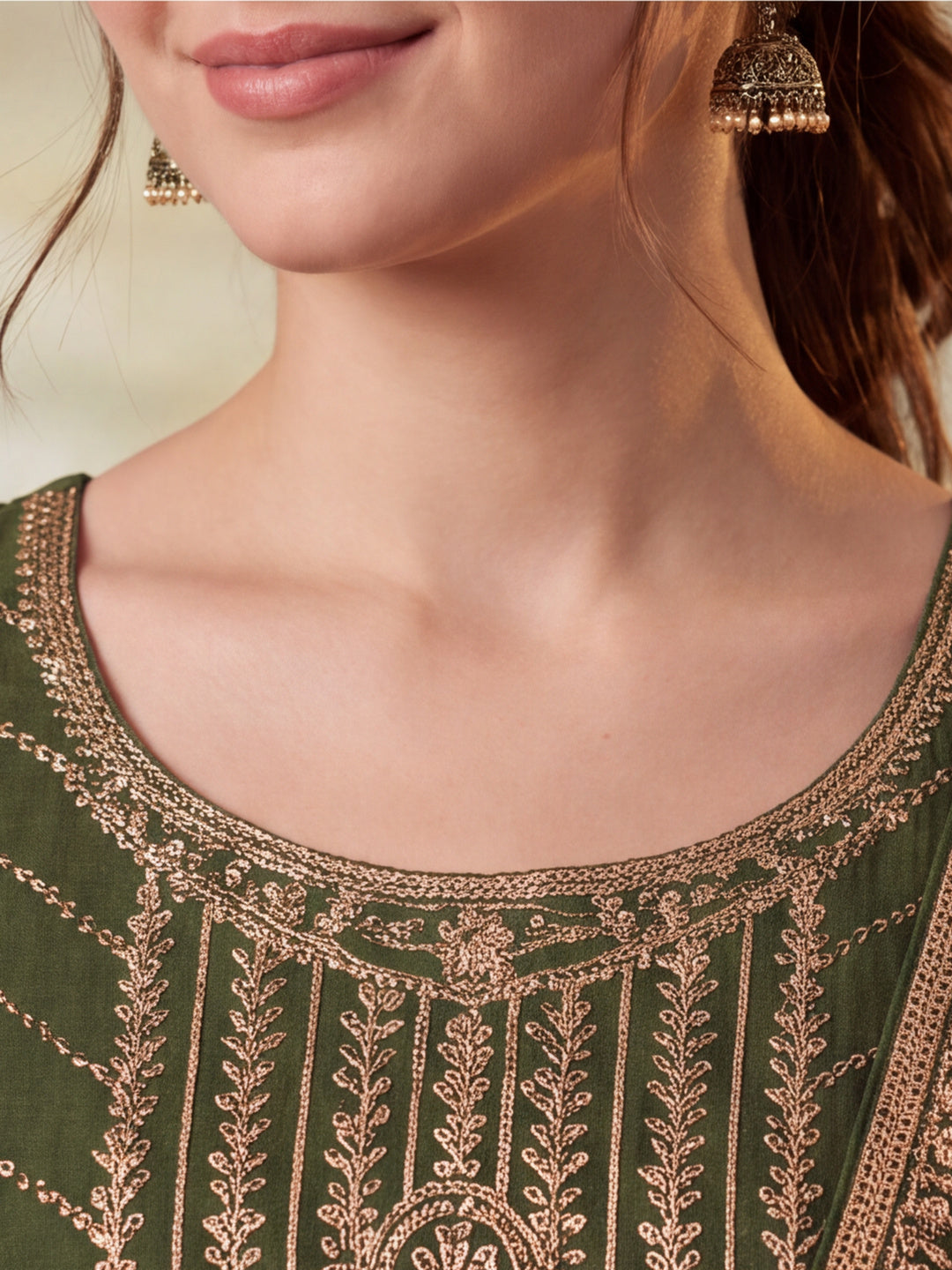 Women Embroidery Mehndi Green Kurta Set with Dupatta